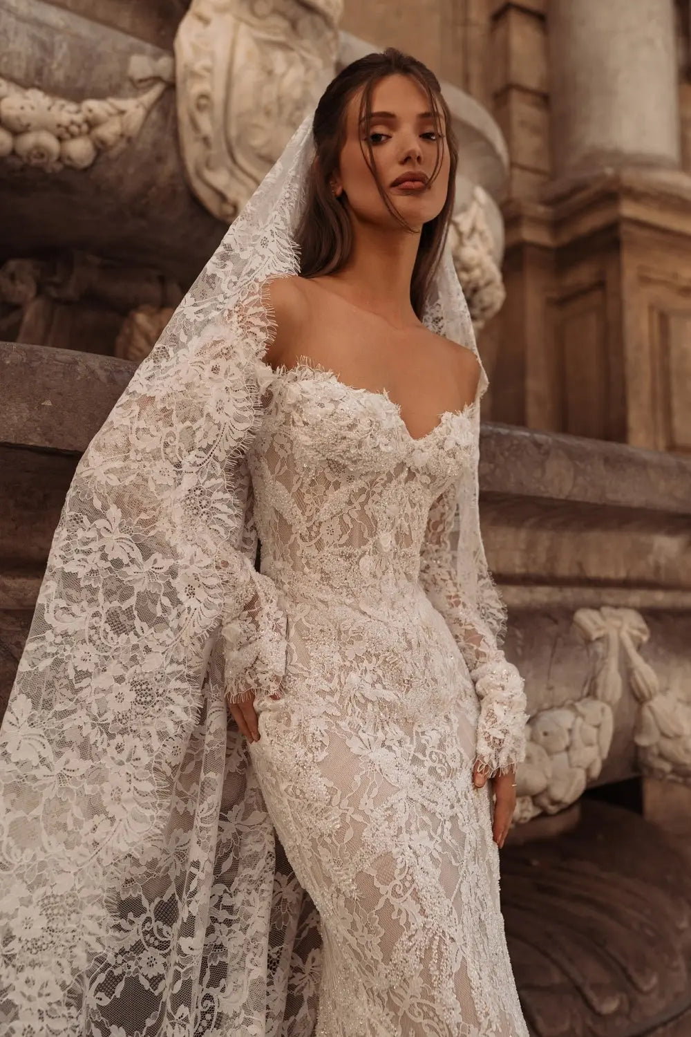 Ivory Lace Off-the-Shoulder Mermaid Wedding Dress with Train SW176 Sheer Fairy