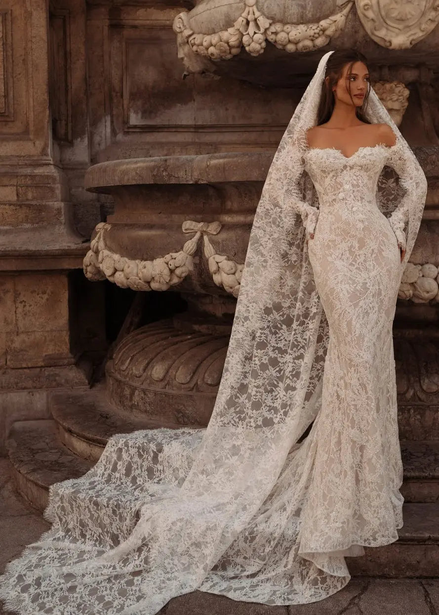 Ivory Lace Off-the-Shoulder Mermaid Wedding Dress with Train SW176 Sheer Fairy