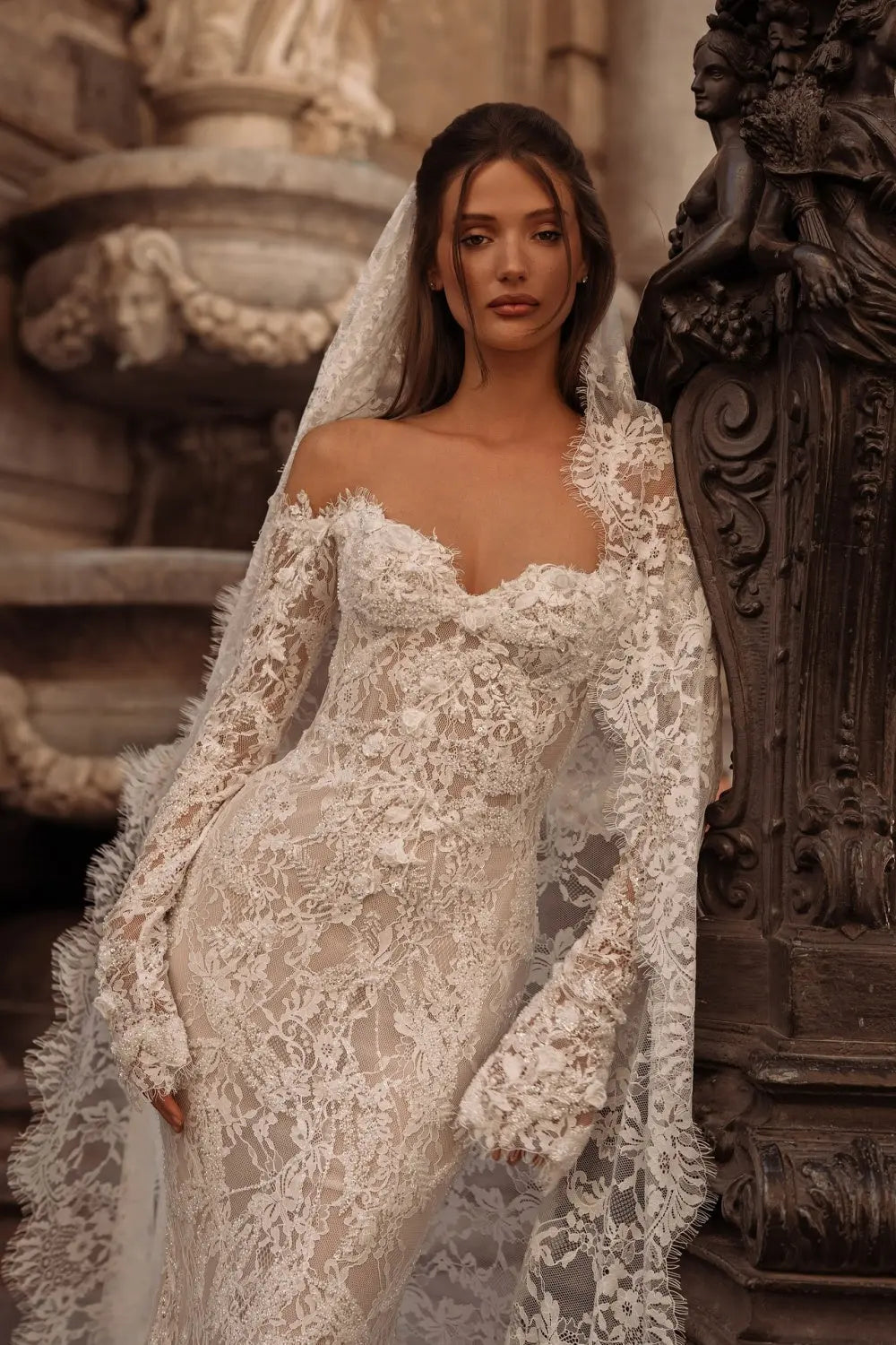 Ivory Lace Off-the-Shoulder Mermaid Wedding Dress with Train SW176 Sheer Fairy