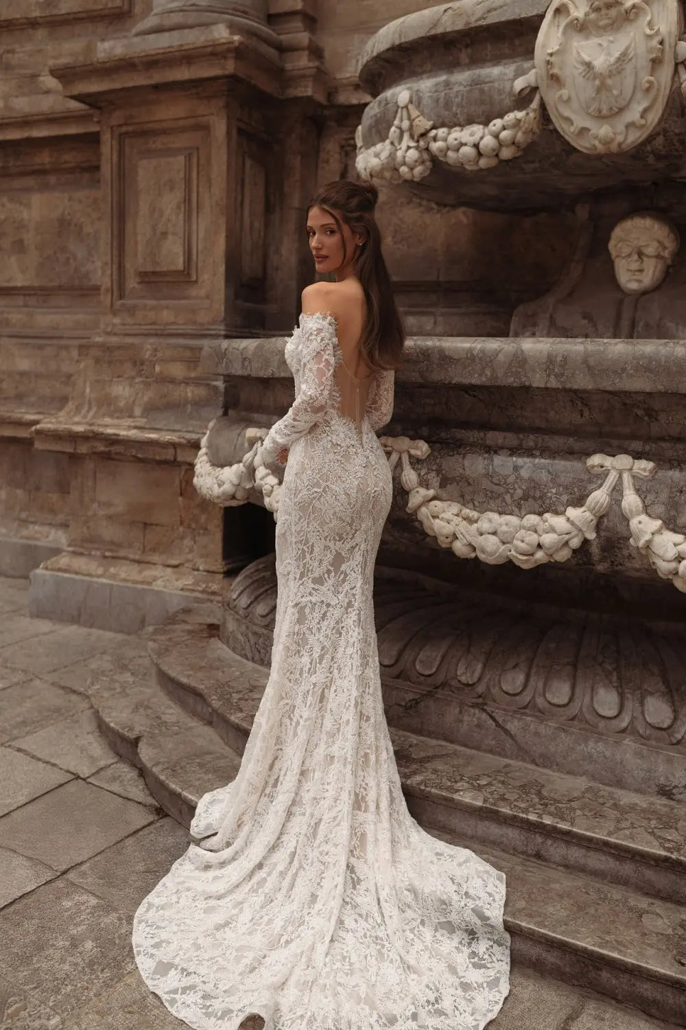 Ivory Lace Off-the-Shoulder Mermaid Wedding Dress with Train SW176 Sheer Fairy