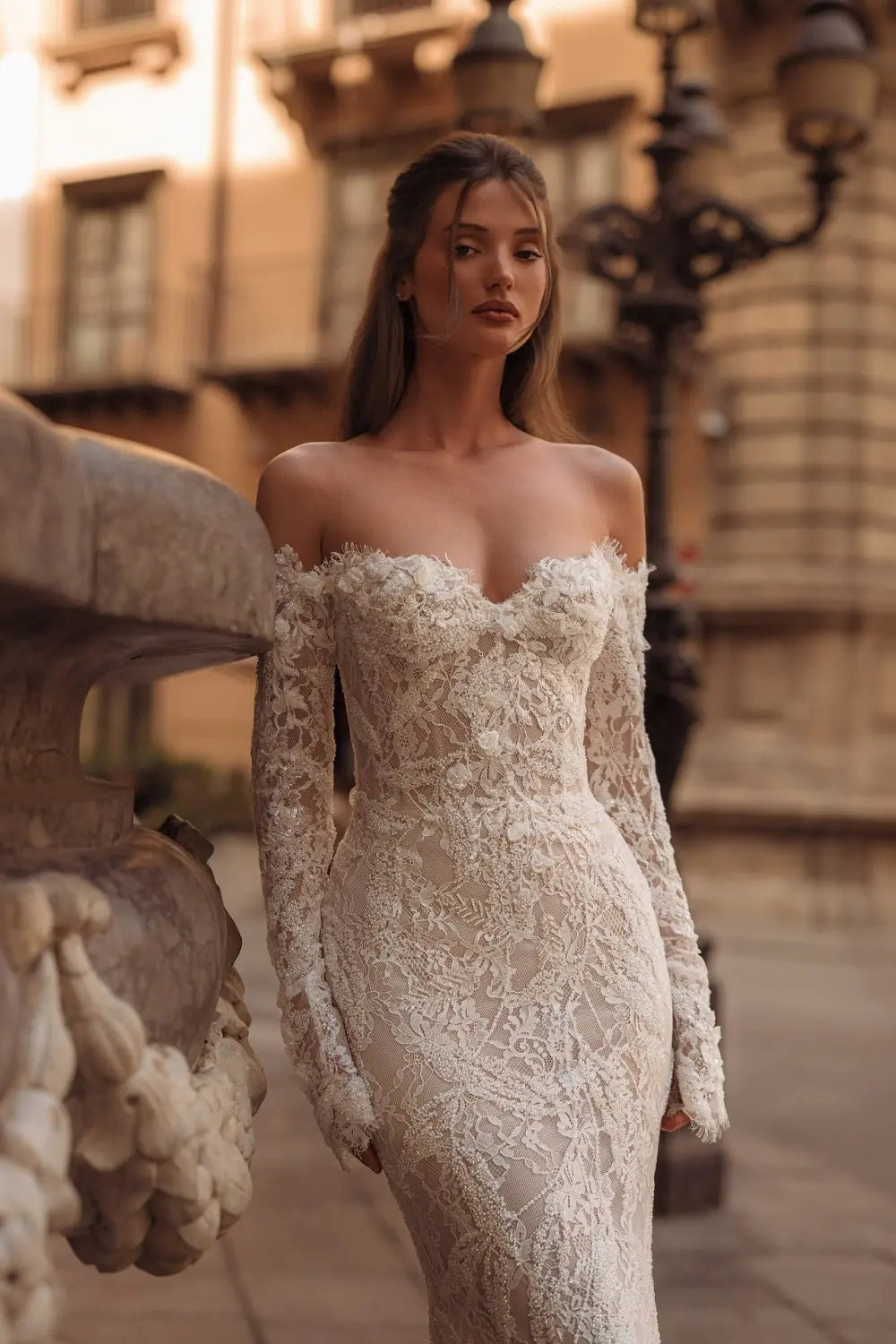 Ivory Lace Off-the-Shoulder Mermaid Wedding Dress with Train SW176 Sheer Fairy