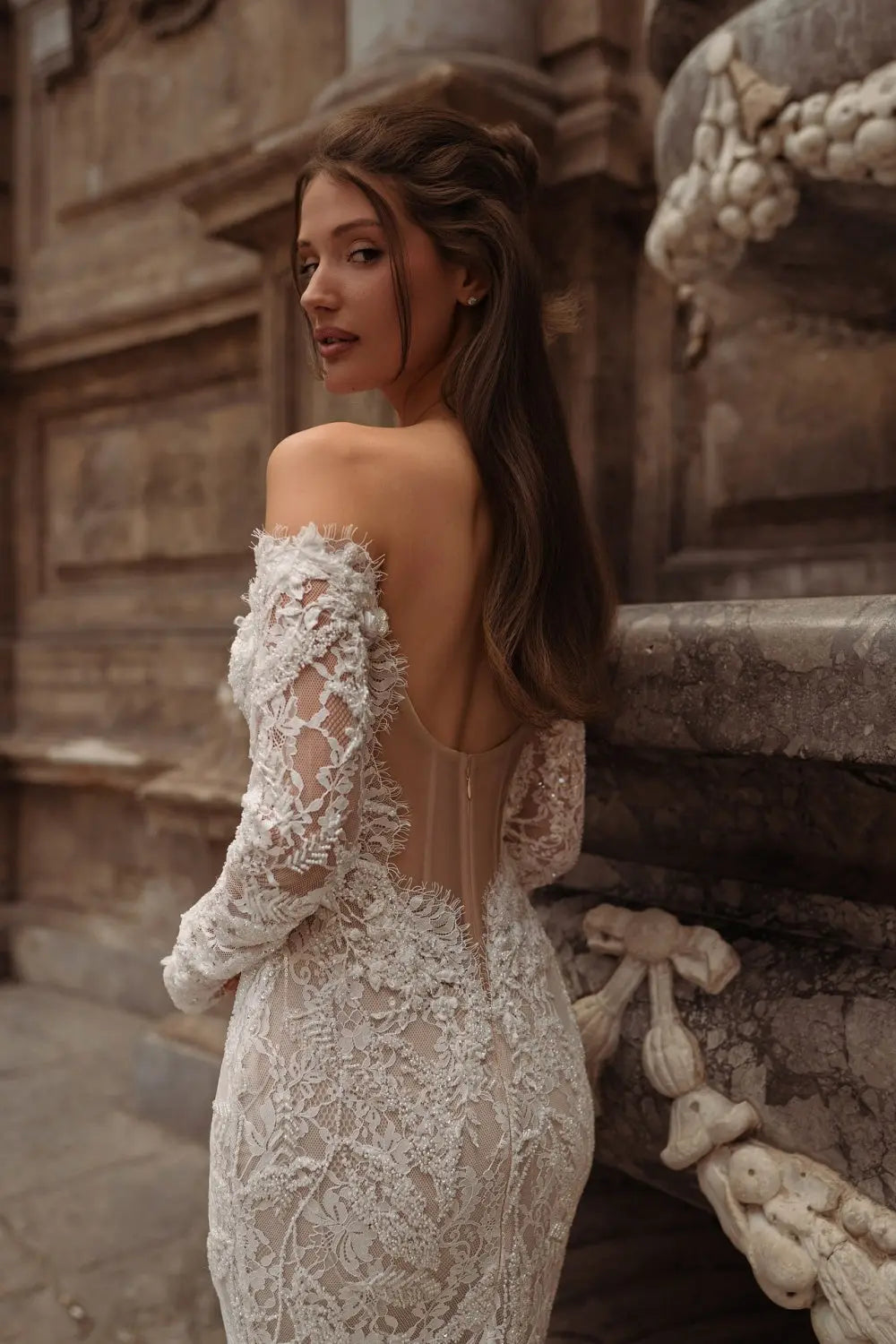 Ivory Lace Off-the-Shoulder Mermaid Wedding Dress with Train SW176 Sheer Fairy