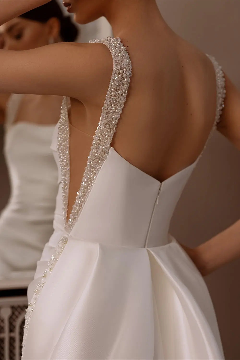 Ivory Satin Square Neck Beaded Mermaid Wedding Dress SW174 Sheer Fairy