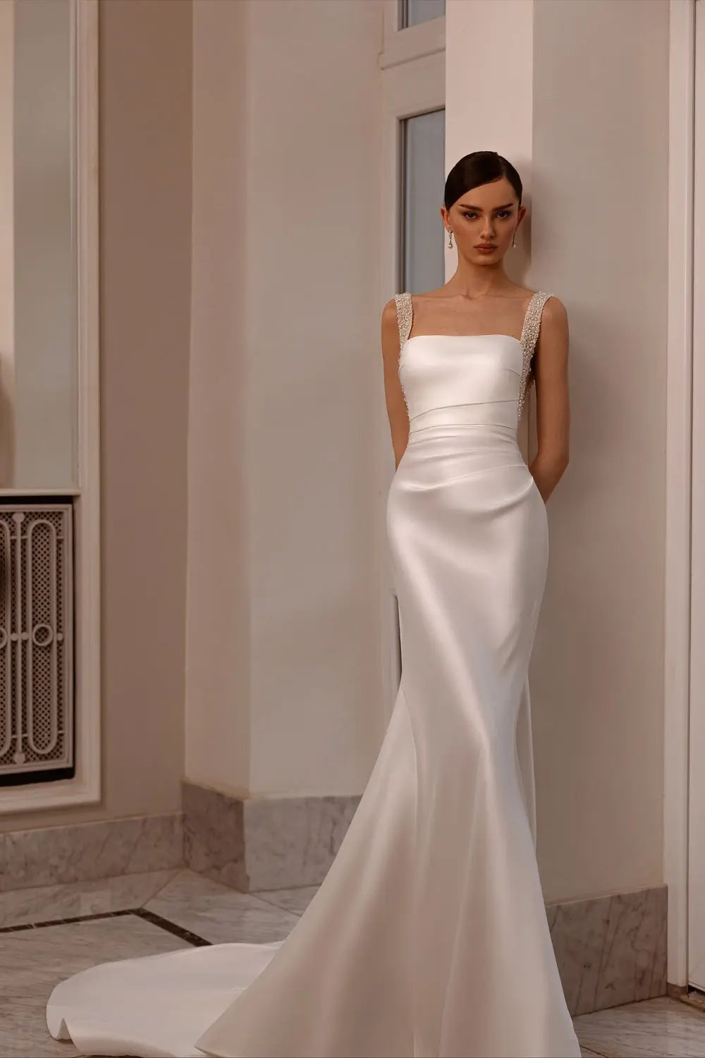 Ivory Satin Square Neck Beaded Mermaid Wedding Dress SW174 Sheer Fairy