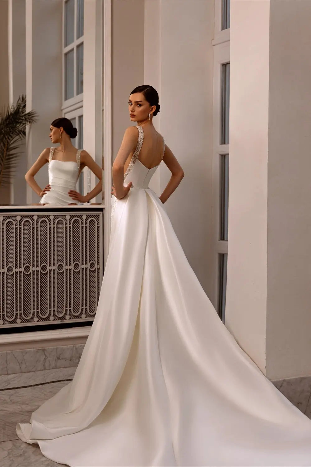 Ivory Satin Square Neck Beaded Mermaid Wedding Dress SW174 Sheer Fairy