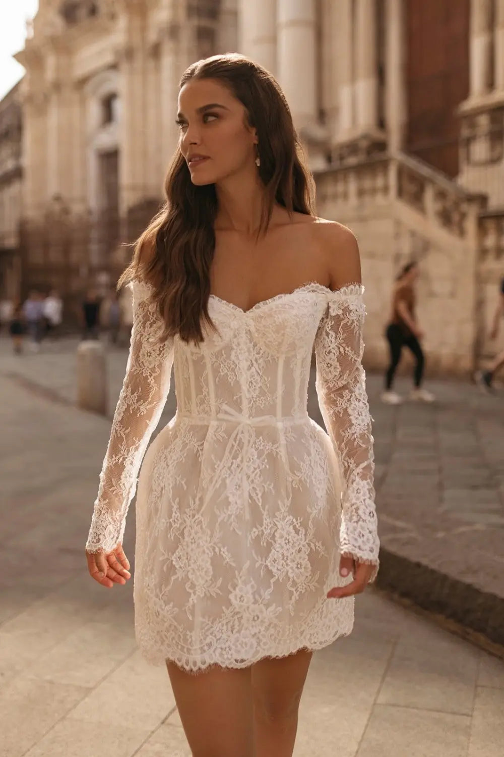 White Lace Long Sleeve Off-the-Shoulder Mini Wedding Dress SW170 Sheer Fairy
