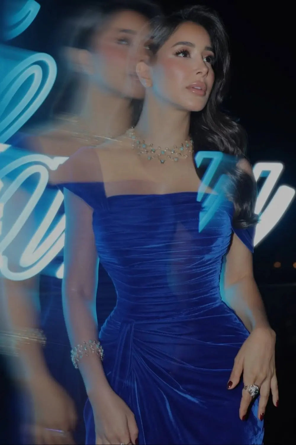 Royal Blue Velvet Sheath Evening Dress with Ruched Detailing SF064 Sheer Fairy