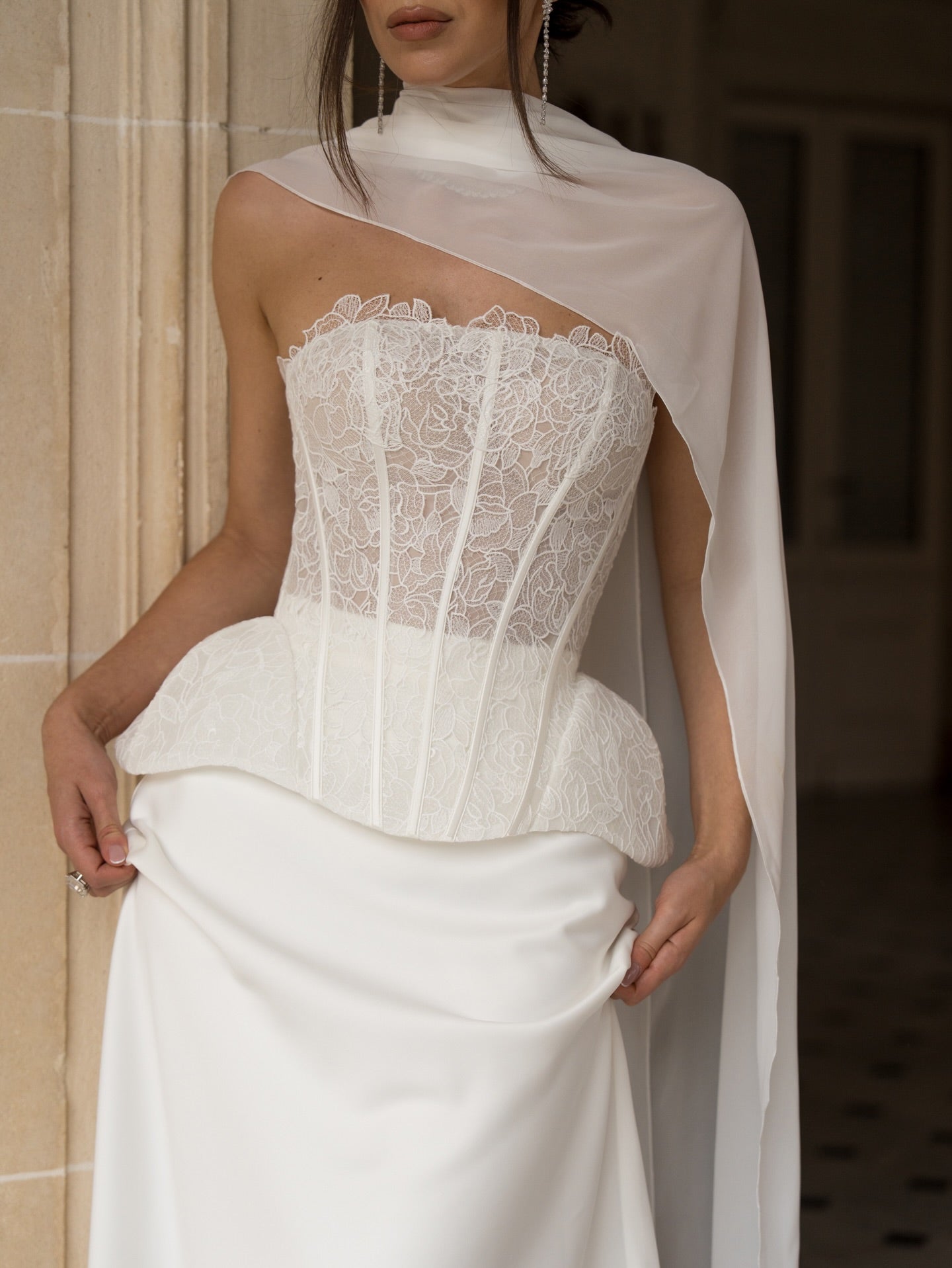 Lace Strapless Corset Wedding Dress with Scarf SW241 Sheer Fairy