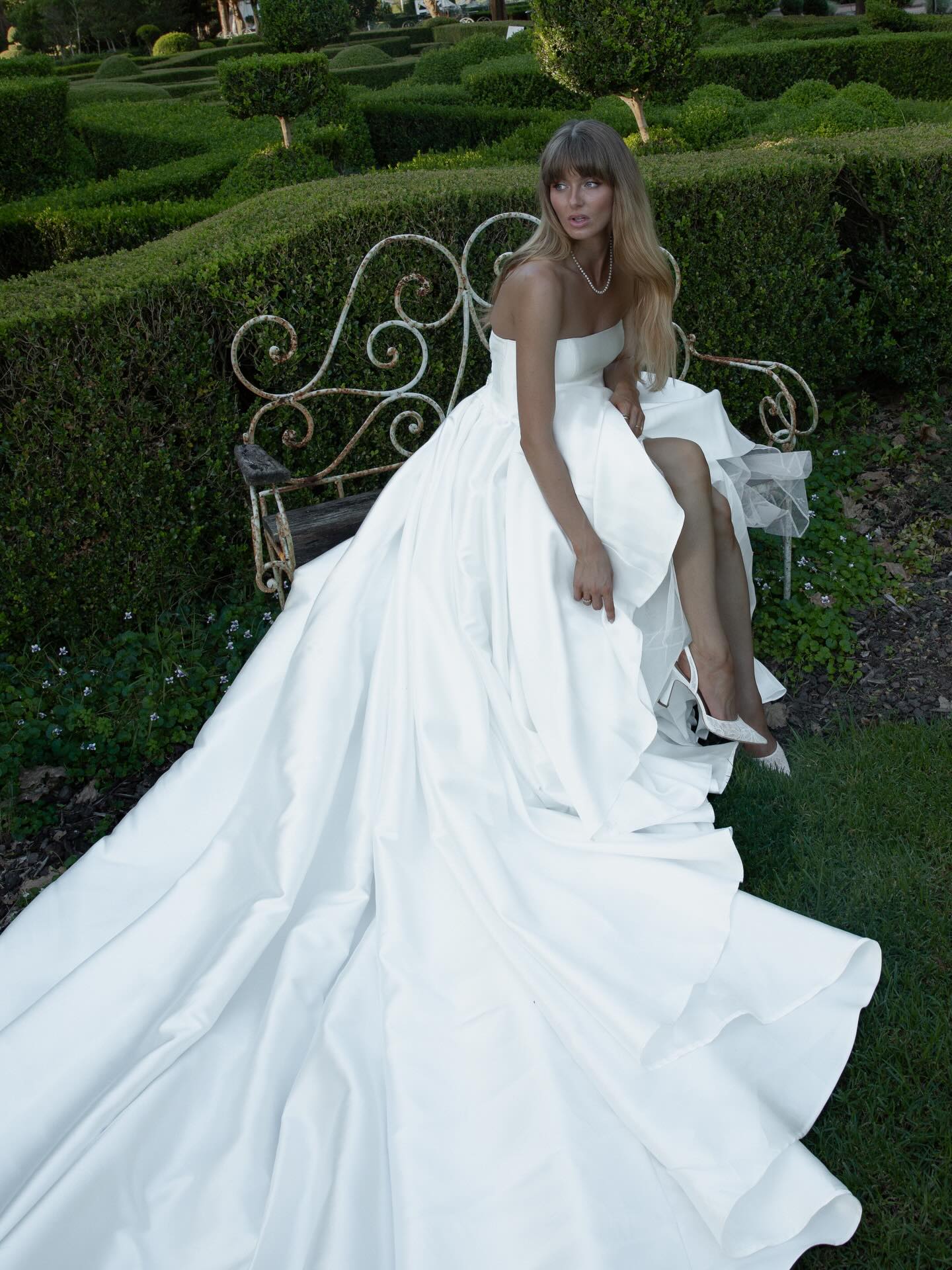 Glamorous White Strapless Covered Button Long Sweep Train Wedding Dress SW729 Sheer Fairy