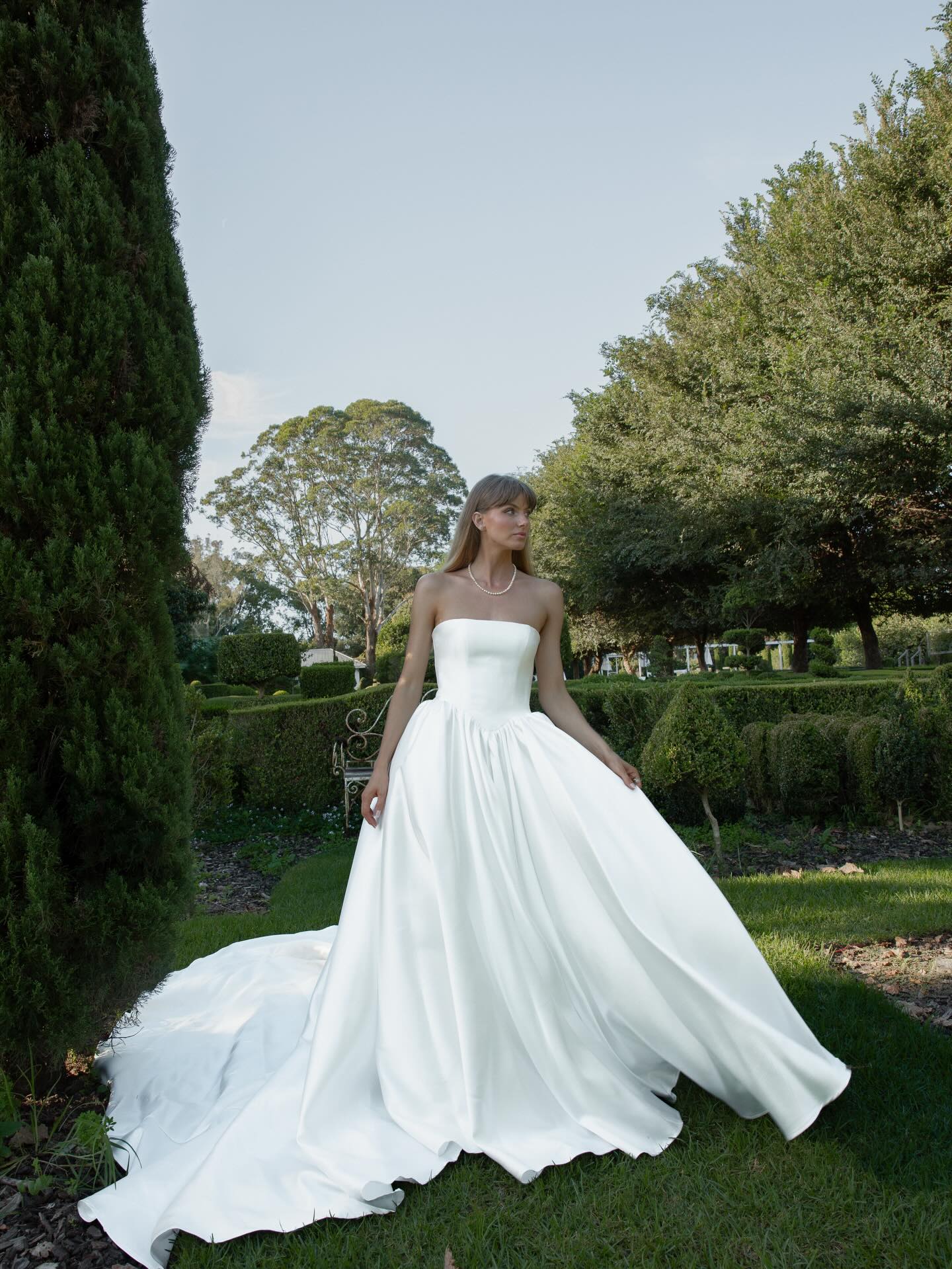 Glamorous White Strapless Covered Button Long Sweep Train Wedding Dress SW729 Sheer Fairy