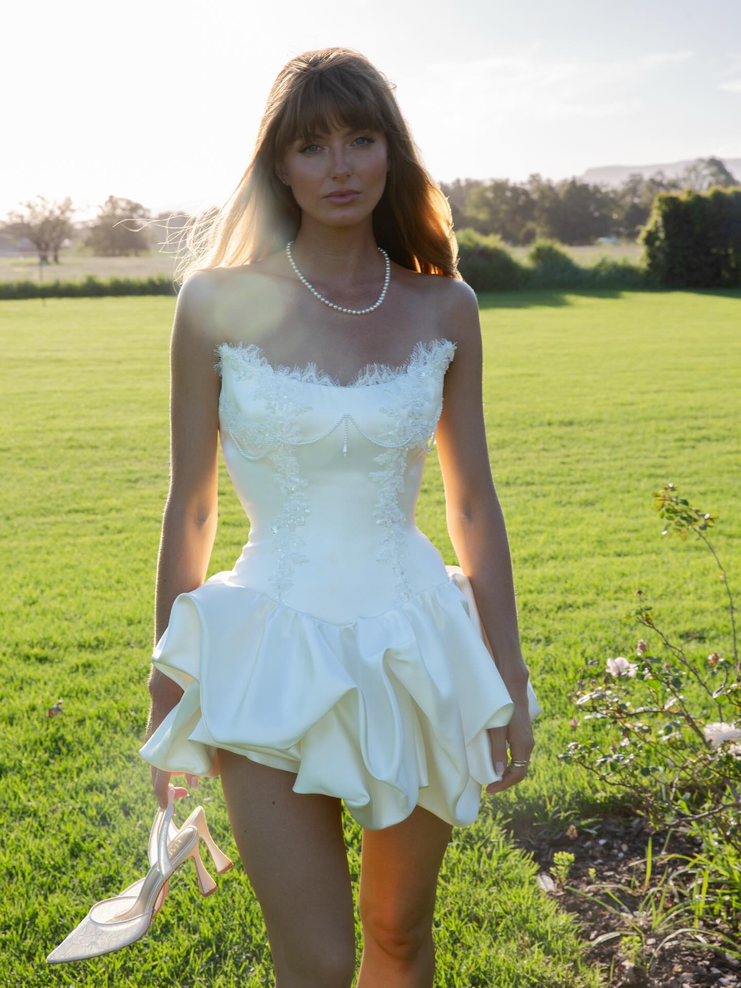 Elegant Ivory Satin Strapless Eyelash Lace Mini A-Line Wedding Dress SW726 Sheer Fairy