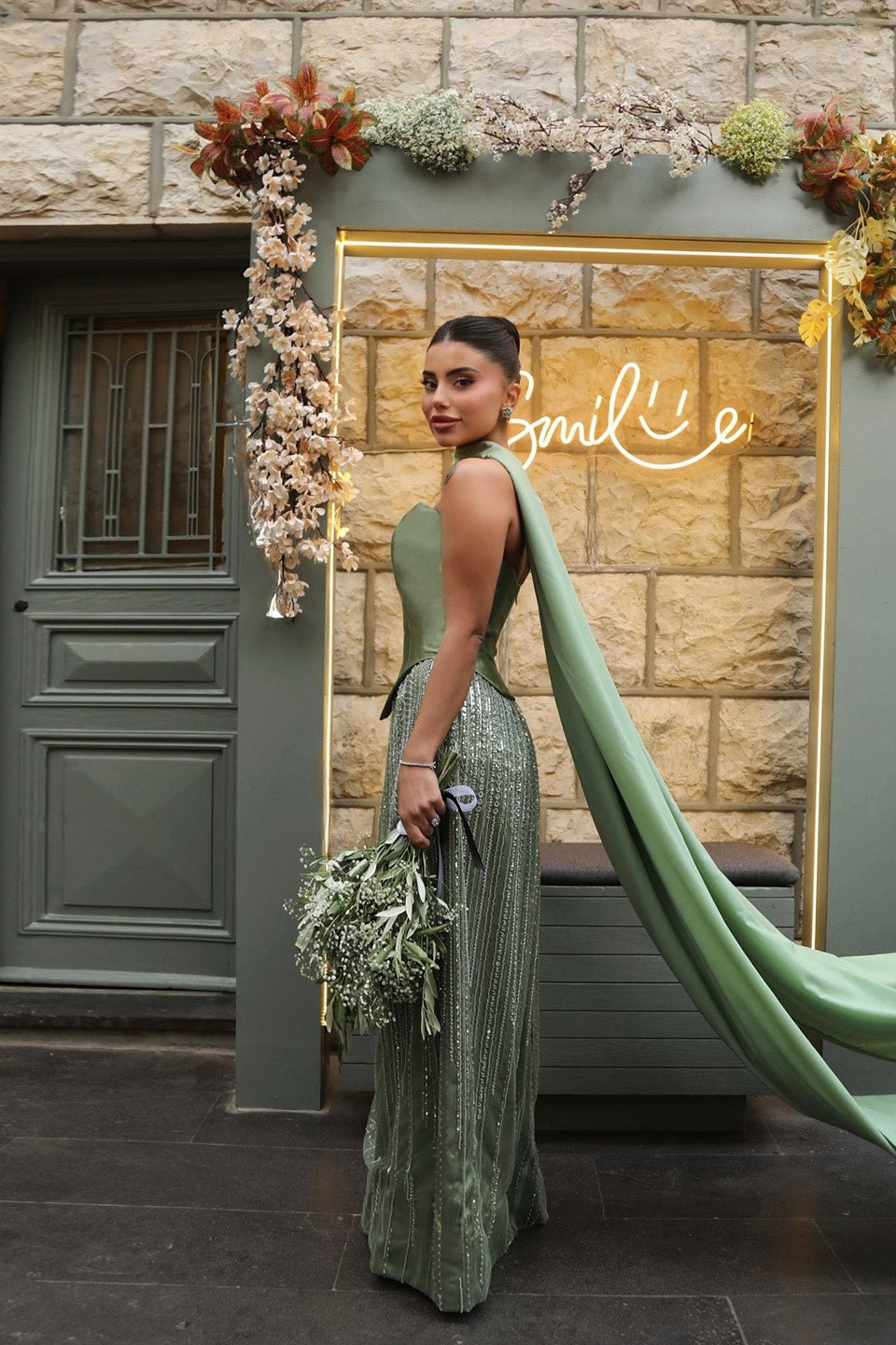 Sage Green Satin A-Line Evening Dress with Scarf SS639 Sheer Fairy