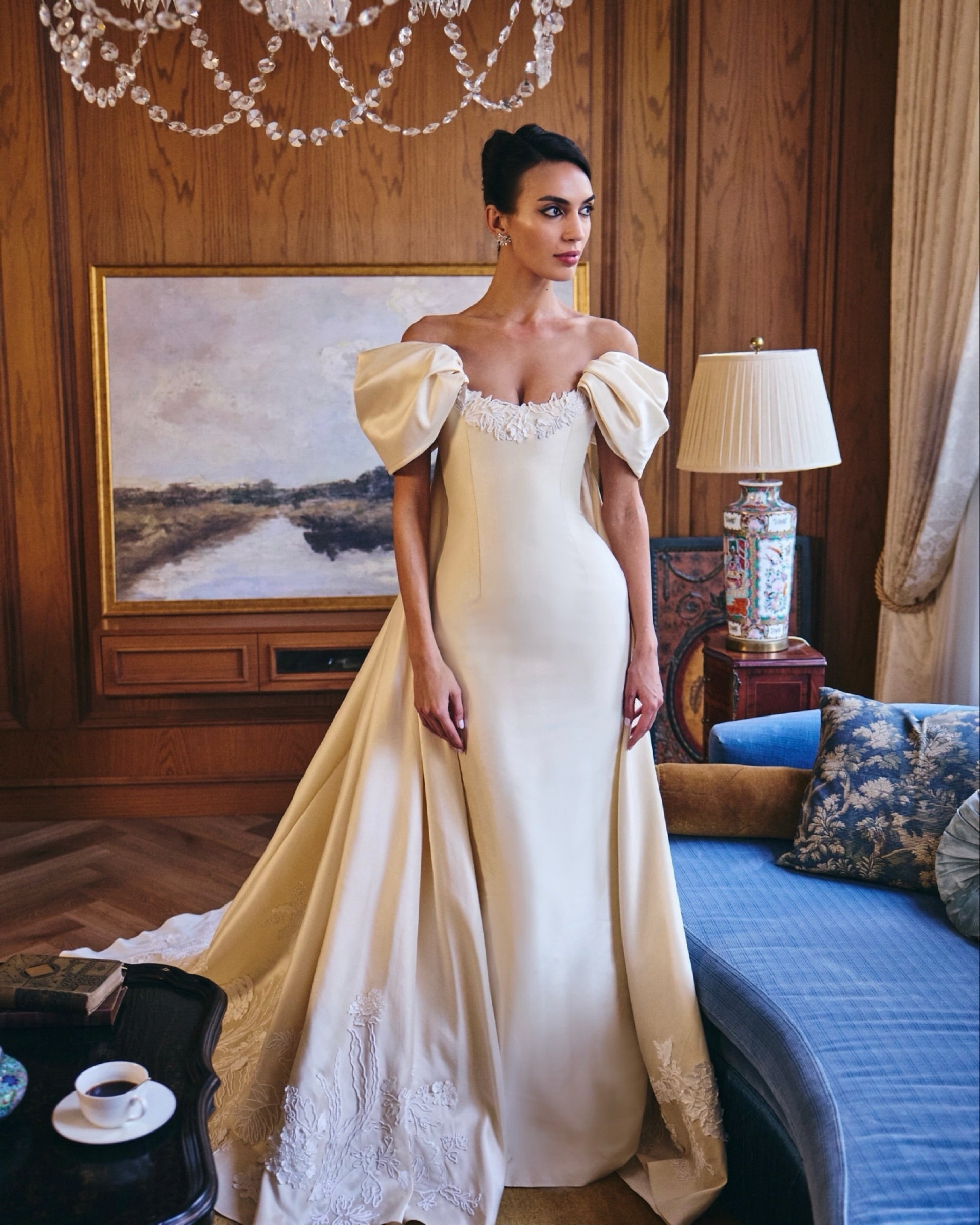 Off-the-Shoulder Satin Mermaid Wedding Dress with Detachable Overskirt SW230 Sheer Fairy