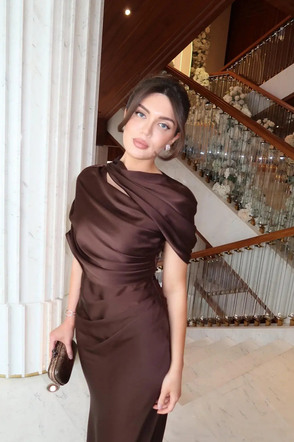 Chocolate Brown Satin Asymmetric Draped Sheath Evening Dress SF178 – SHEER FAIRY