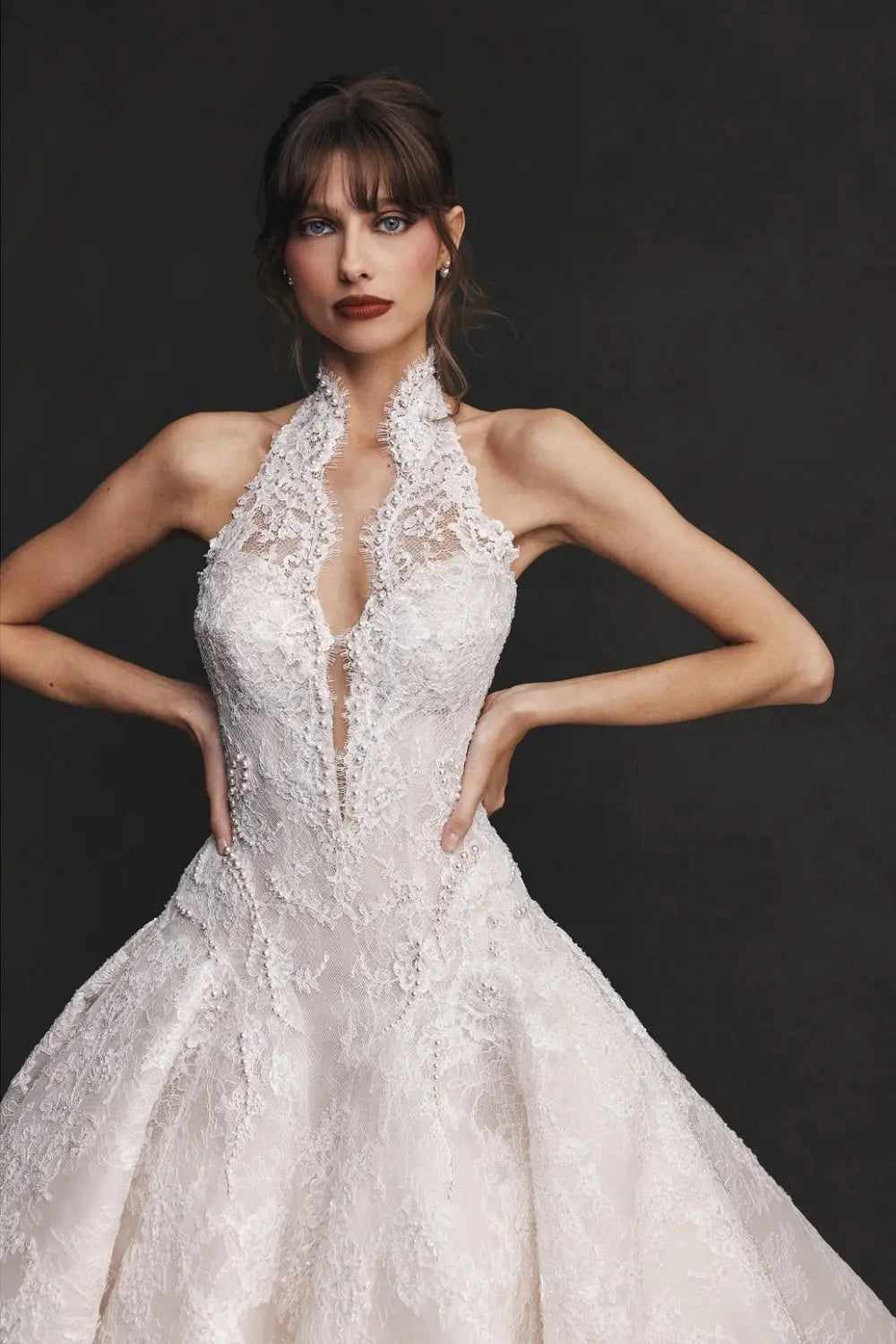 Luxury White Lace Halter Ball Gown Wedding Dress SW596 Sheer Fairy