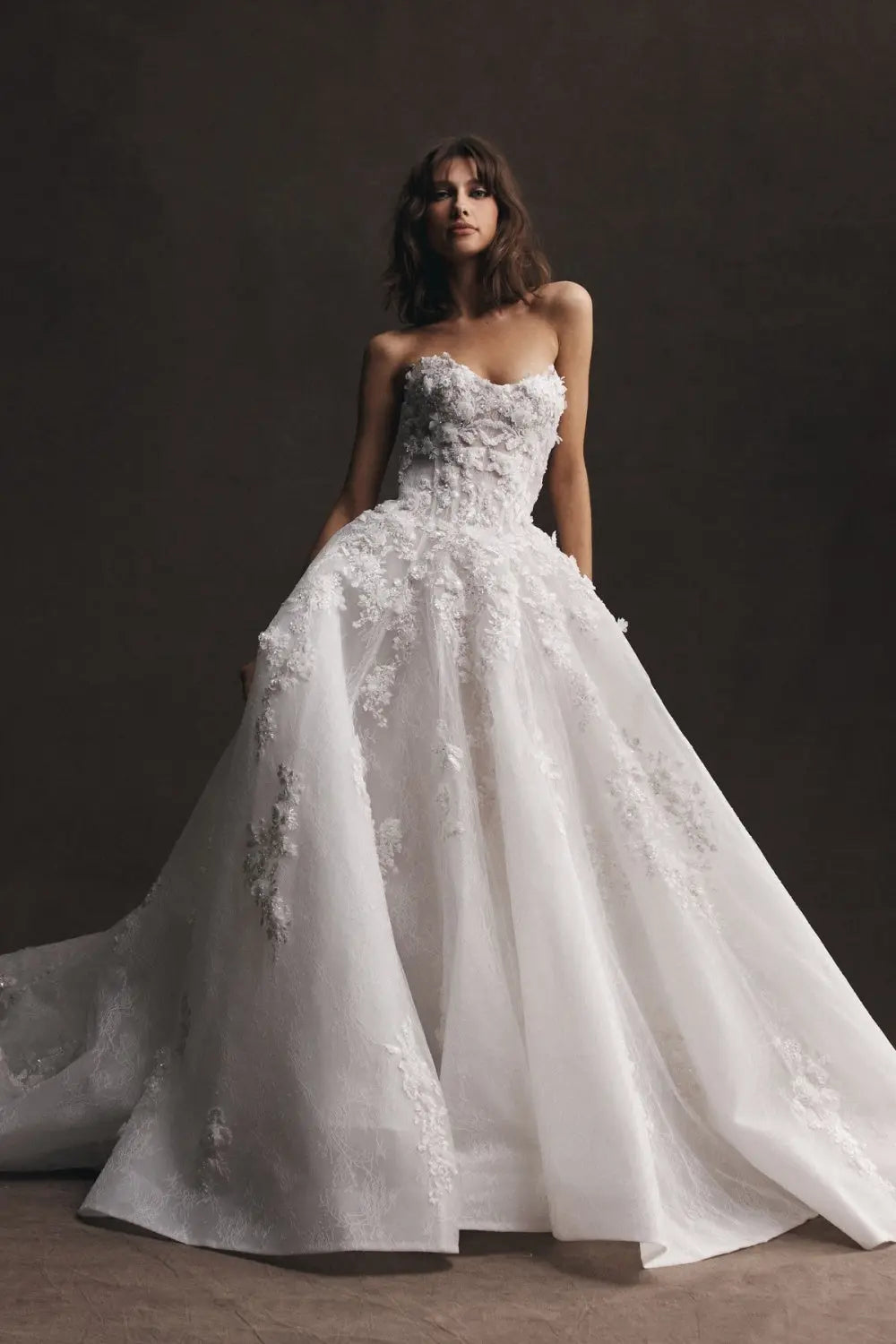 White Lace Ball Gown Strapless Sweetheart Wedding Dress with 3D Floral SW574 Sheer Fairy