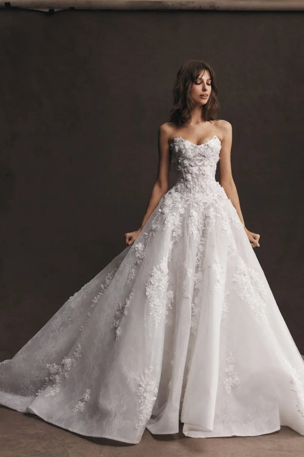 White Lace Ball Gown Strapless Sweetheart Wedding Dress with 3D Floral SW574 Sheer Fairy