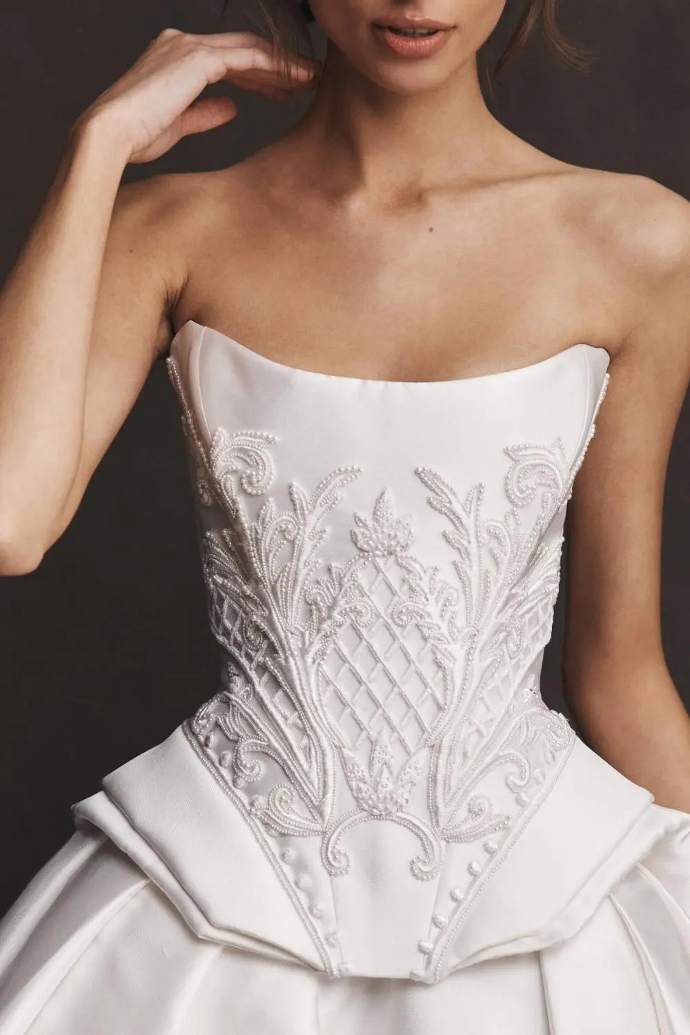 White Satin Ball Gown Wedding Dress with Embroidered Bodice SW599 Sheer Fairy