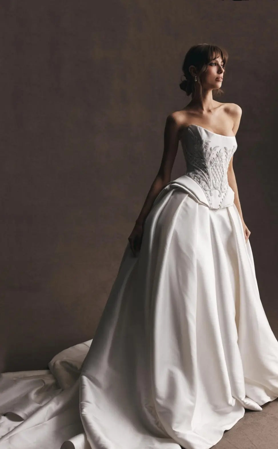 White Satin Ball Gown Wedding Dress with Embroidered Bodice SW599 Sheer Fairy