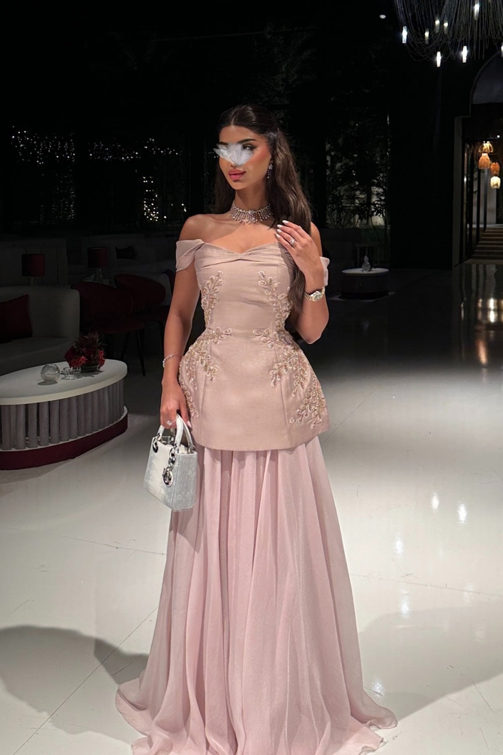 Blush Pink Off-the-Shoulder Beaded Floral Peplum Evening Dress SF502 Sheer Fairy