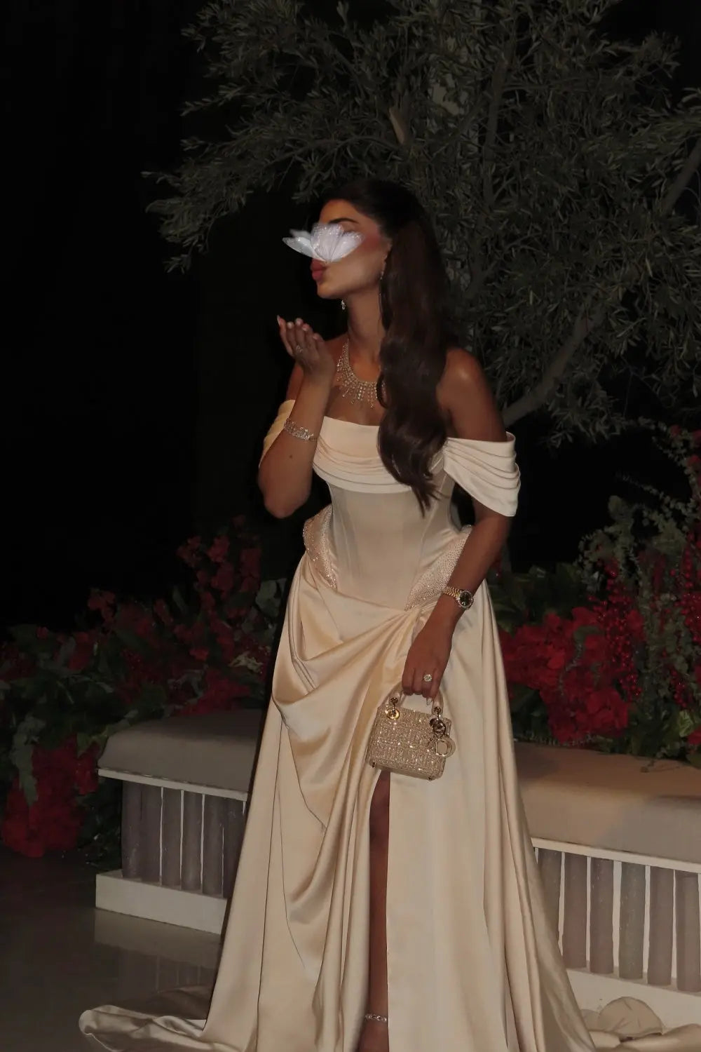 Champagne Satin Corset A-Line Off-the-Shoulder Evening Dress SF062 Sheer Fairy