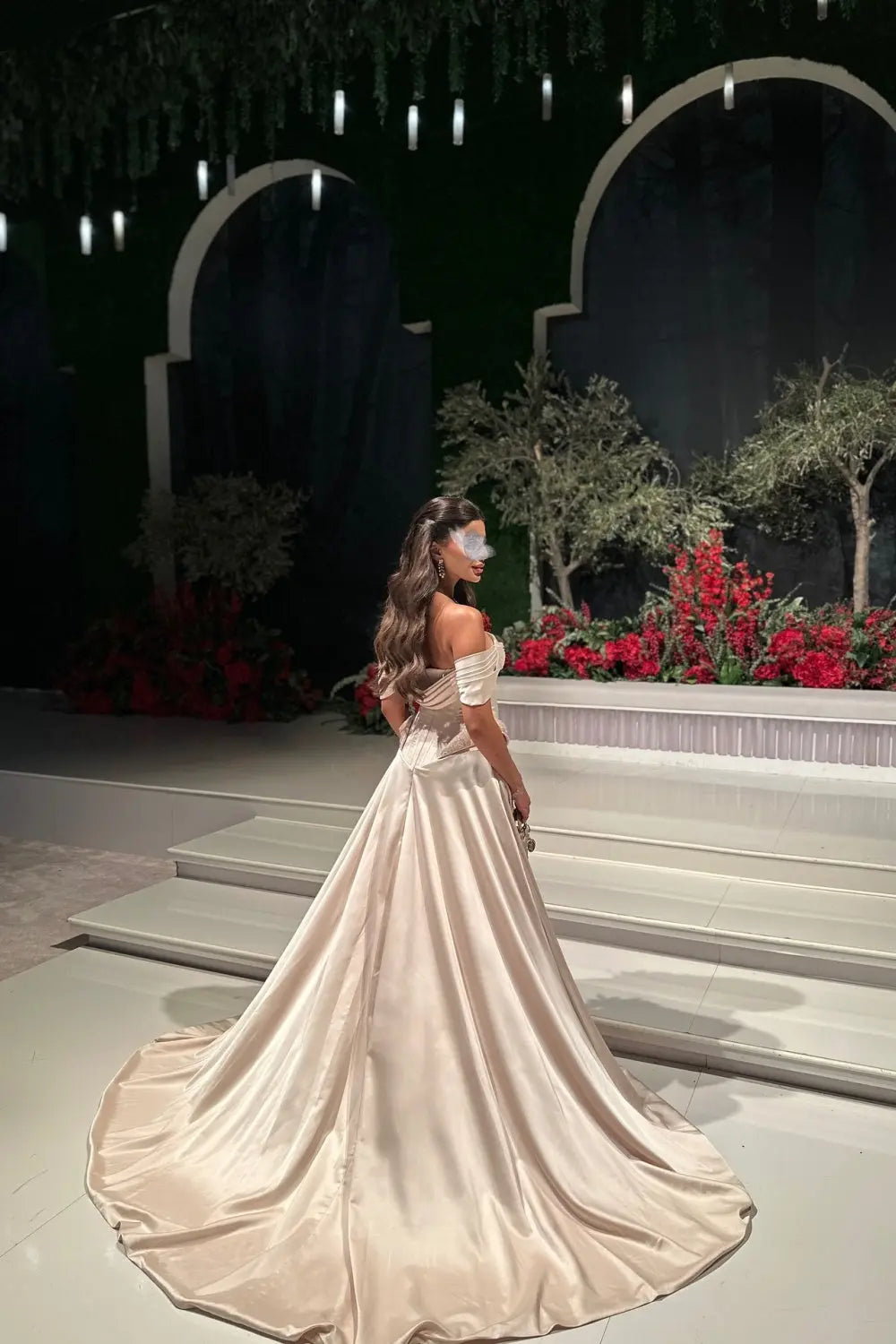 Champagne Satin Corset A-Line Off-the-Shoulder Evening Dress SF062 Sheer Fairy