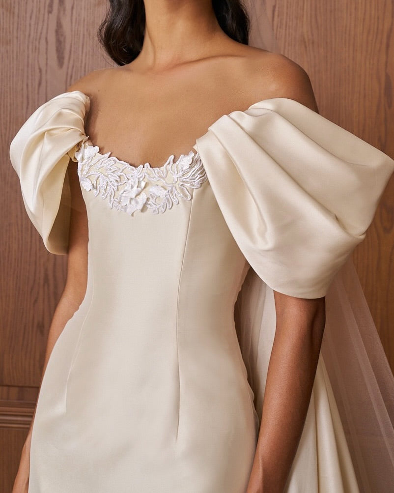 Off-the-Shoulder Satin Mermaid Wedding Dress with Detachable Overskirt SW230 Sheer Fairy