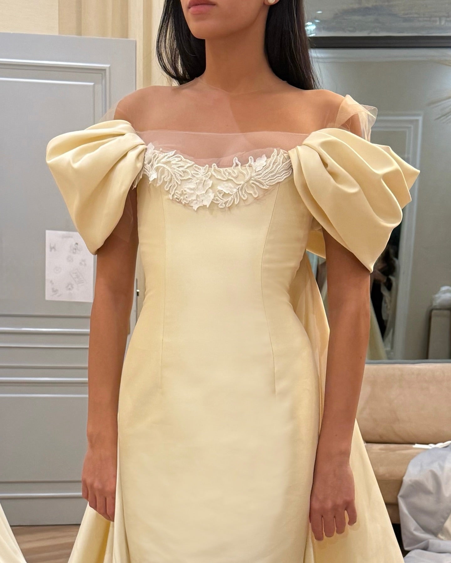 Off-the-Shoulder Satin Mermaid Wedding Dress with Detachable Overskirt SW230 Sheer Fairy