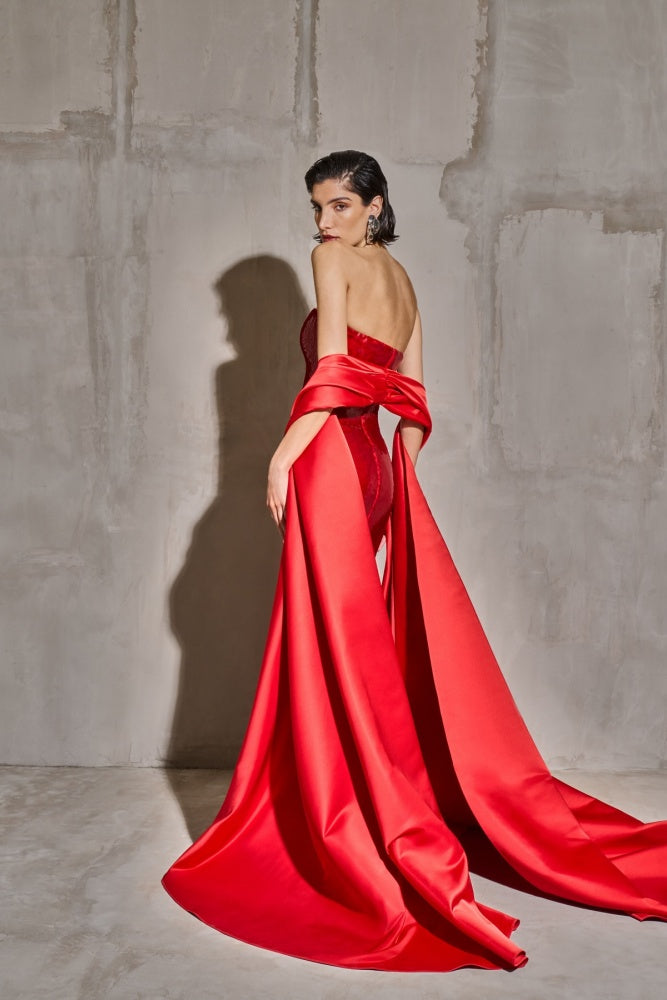 Red Sequin Satin Cape Mermaid Evening Dress SF436 Sheer Fairy