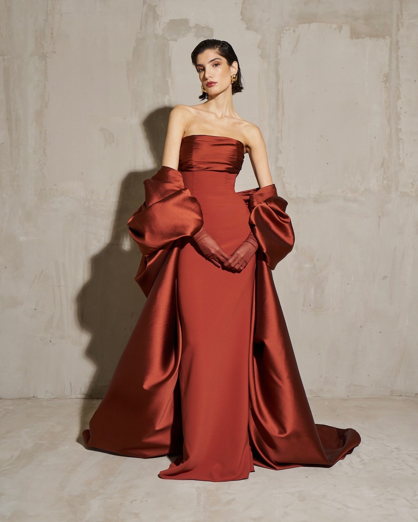 Modest Rust Red Strapless Satin Mermaid Evening Dress SF490