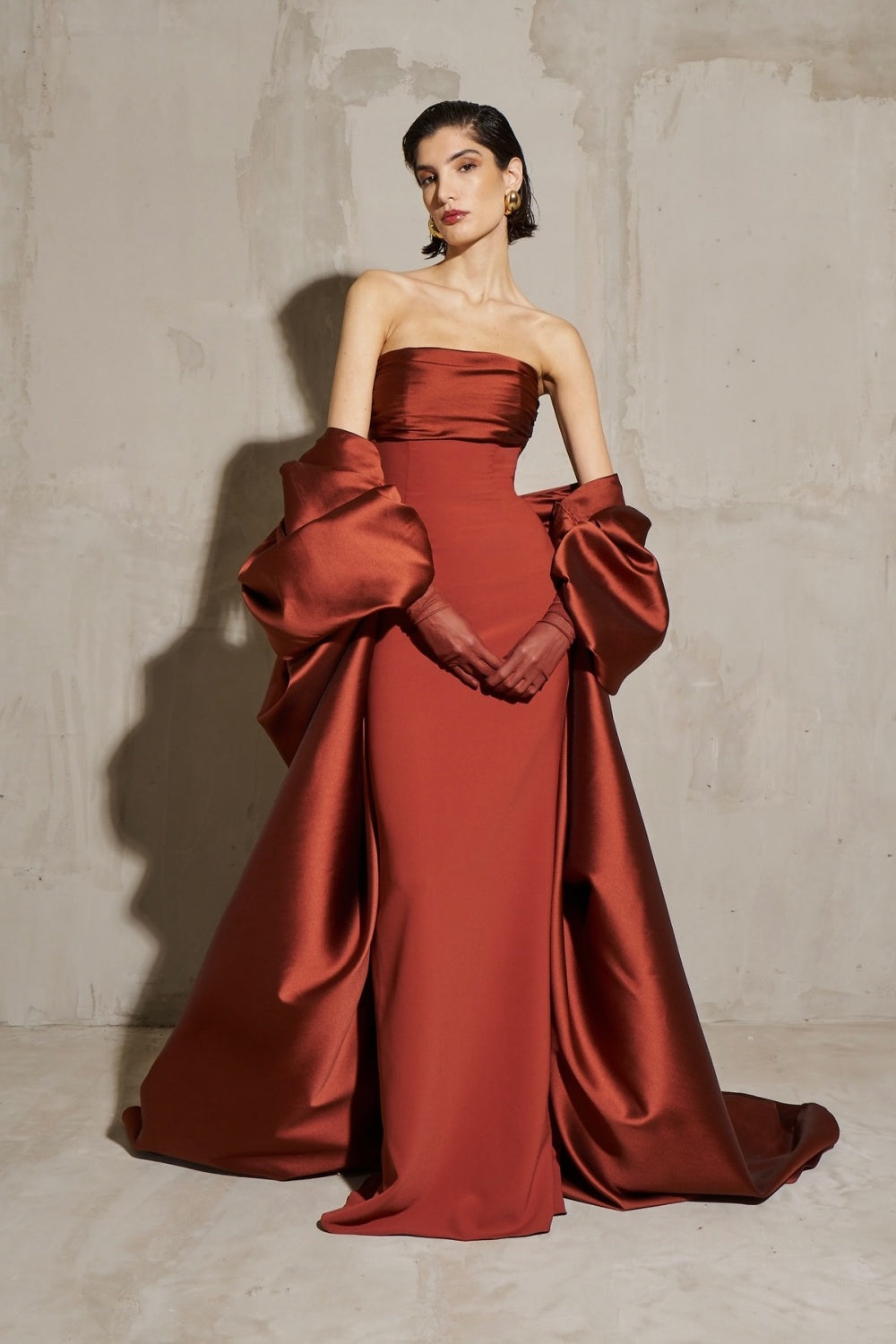 Modest Rust Red Strapless Satin Mermaid Evening Dress SF490 Sheer Fairy