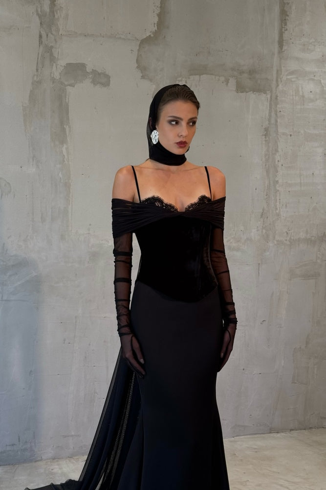 Modest Black Velvet Mermaid Long Sleeve Evening Dress SF440 Sheer Fairy