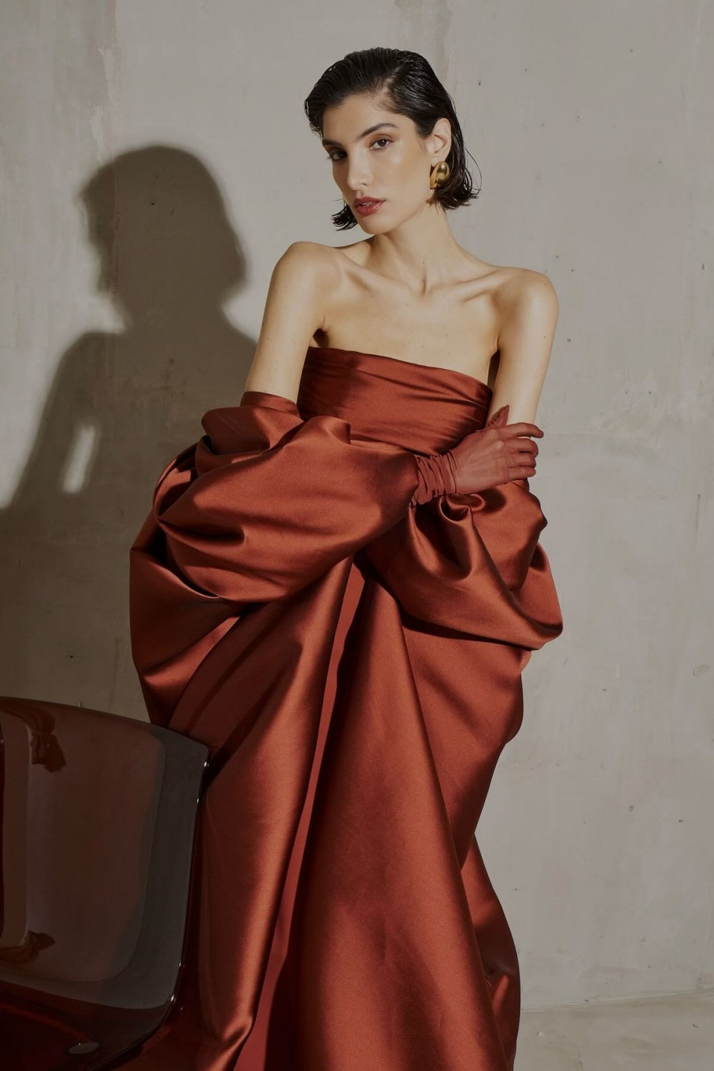 Modest Rust Red Strapless Satin Mermaid Evening Dress SF490 Sheer Fairy