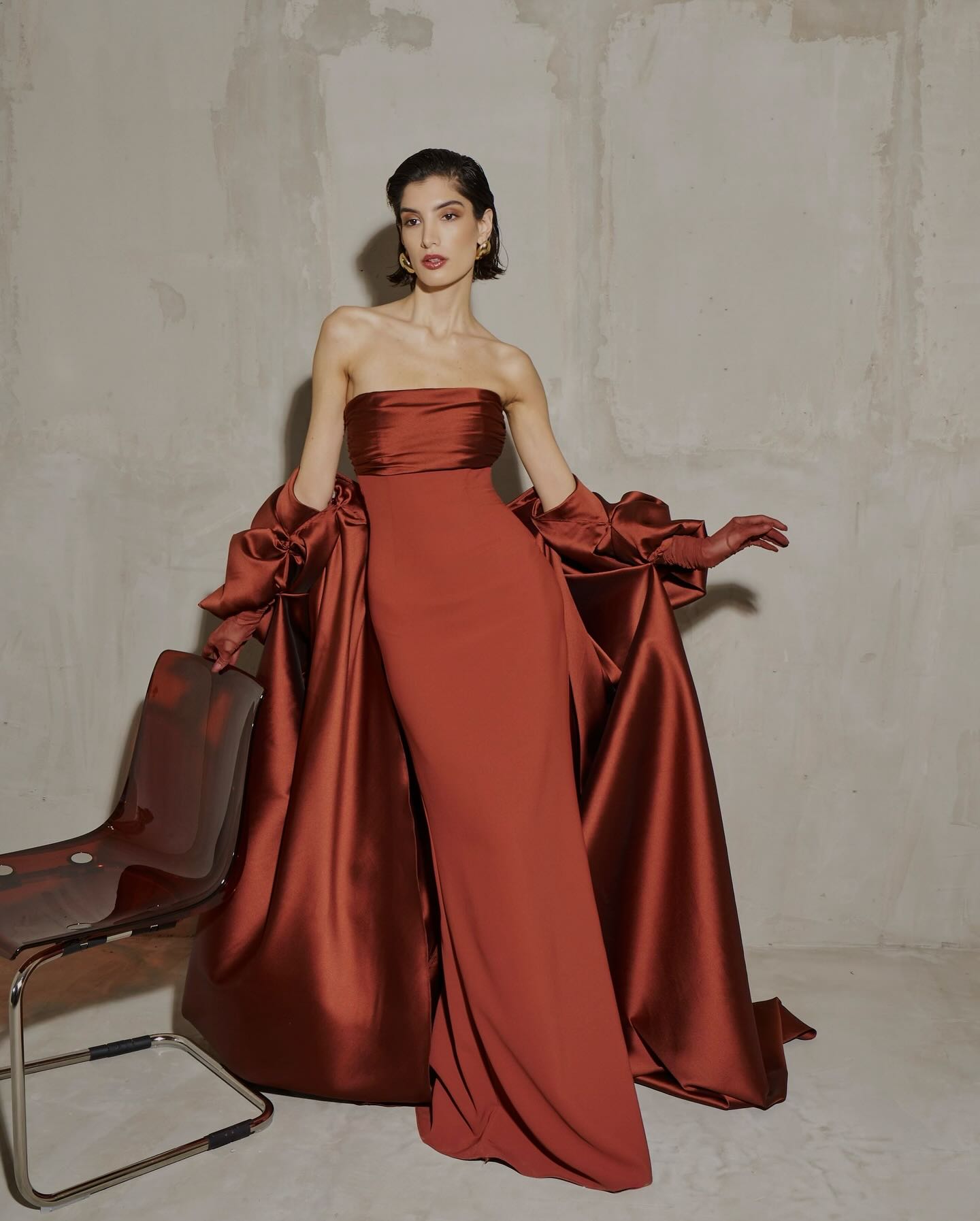 Modest Rust Red Strapless Satin Mermaid Evening Dress SF490