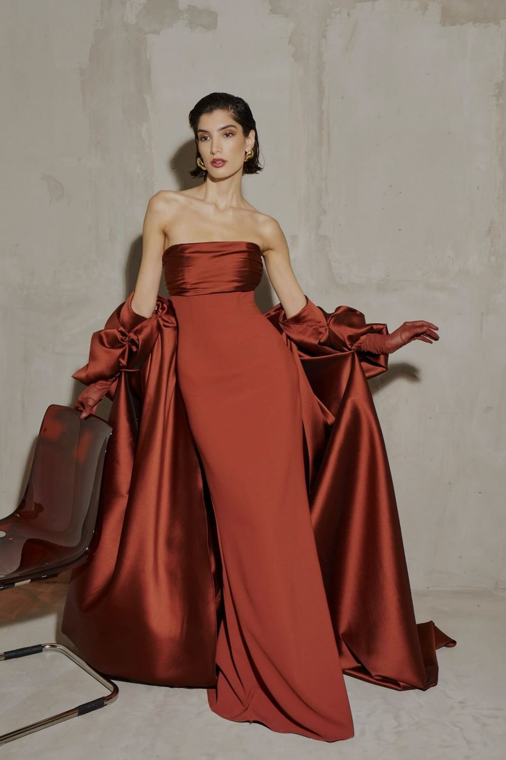 Modest Rust Red Strapless Satin Mermaid Evening Dress SF490 Sheer Fairy