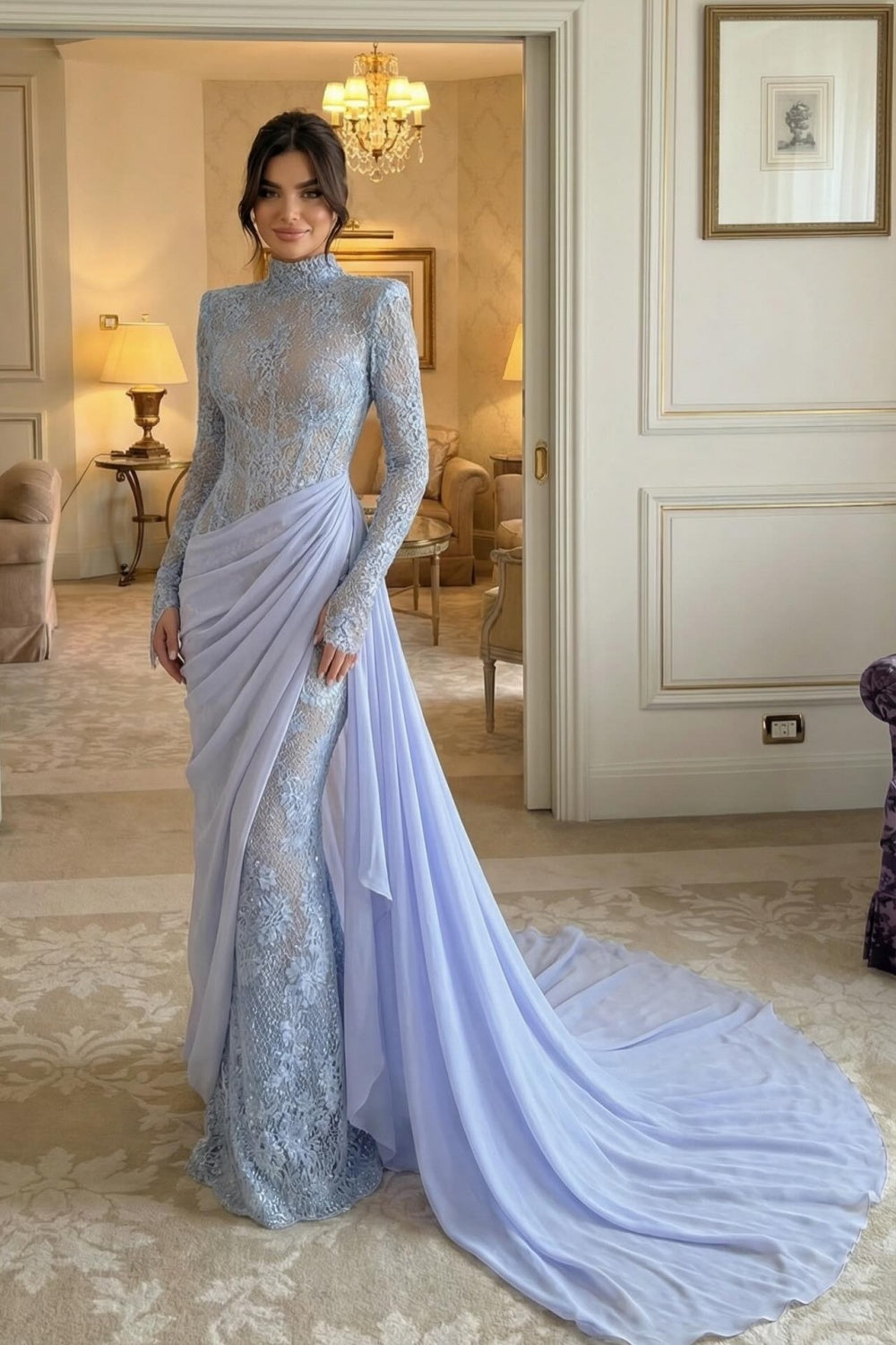 Periwinkle Lace High Neck Long Sleeve Mermaid Violet Evening Dress SF429 Sheer Fairy