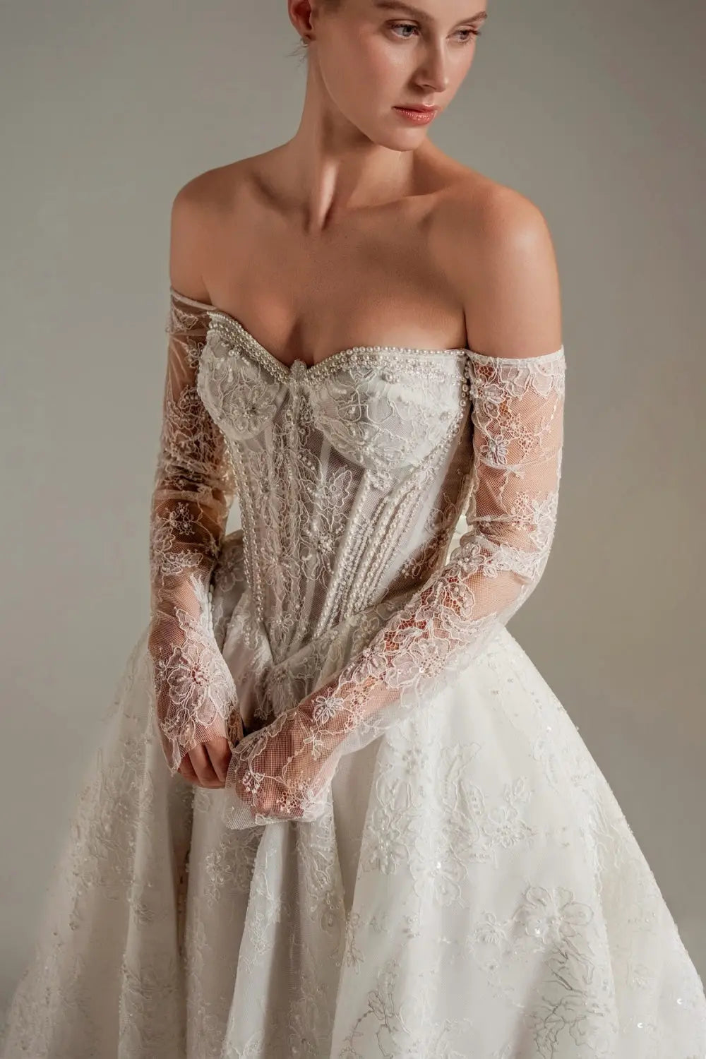 White Sequined Ball Gown Sweetheart Wedding Dress with Lace Sleeves SW165 Sheer Fairy