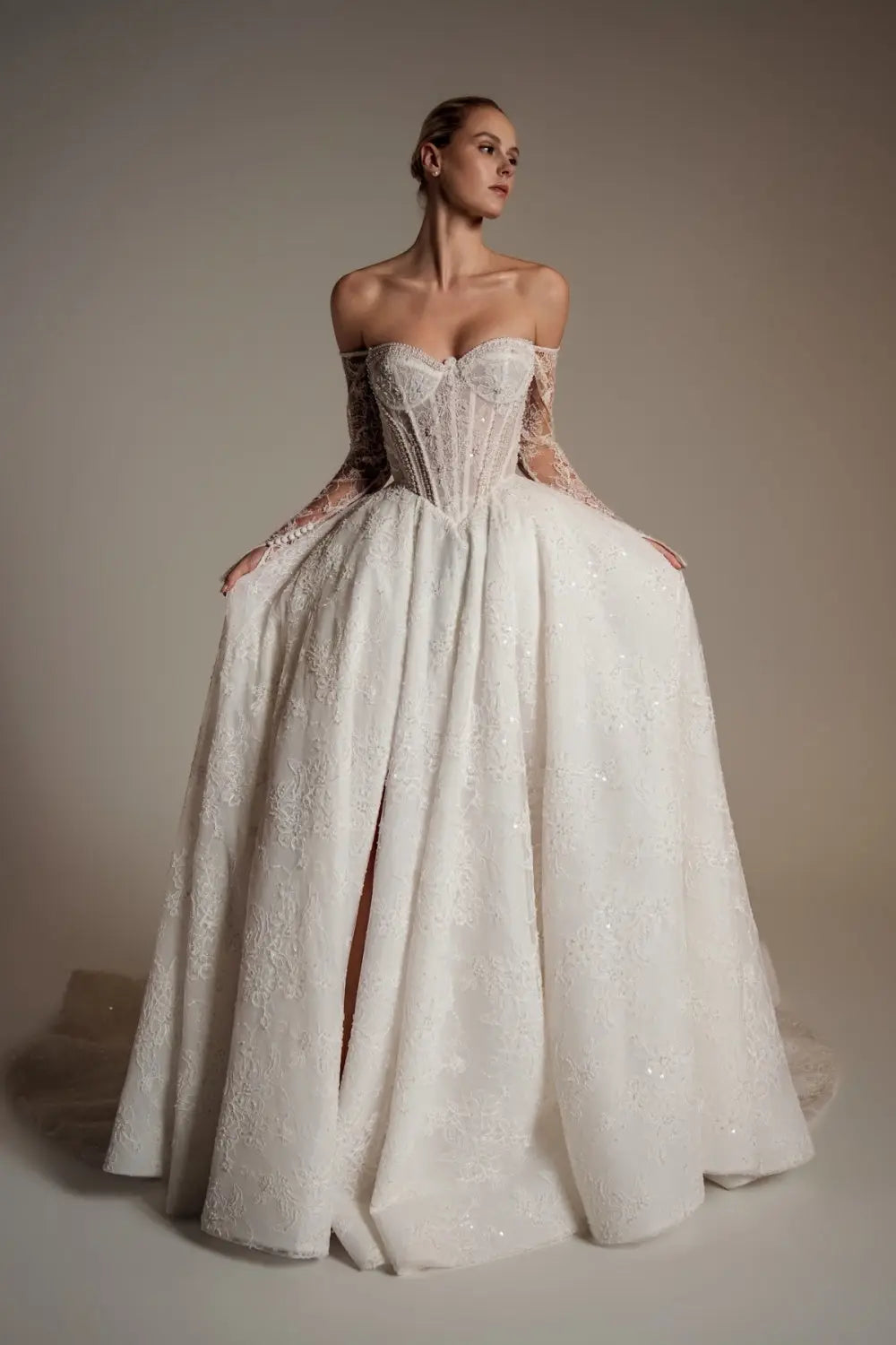 White Sequined Ball Gown Sweetheart Wedding Dress with Lace Sleeves SW165 Sheer Fairy