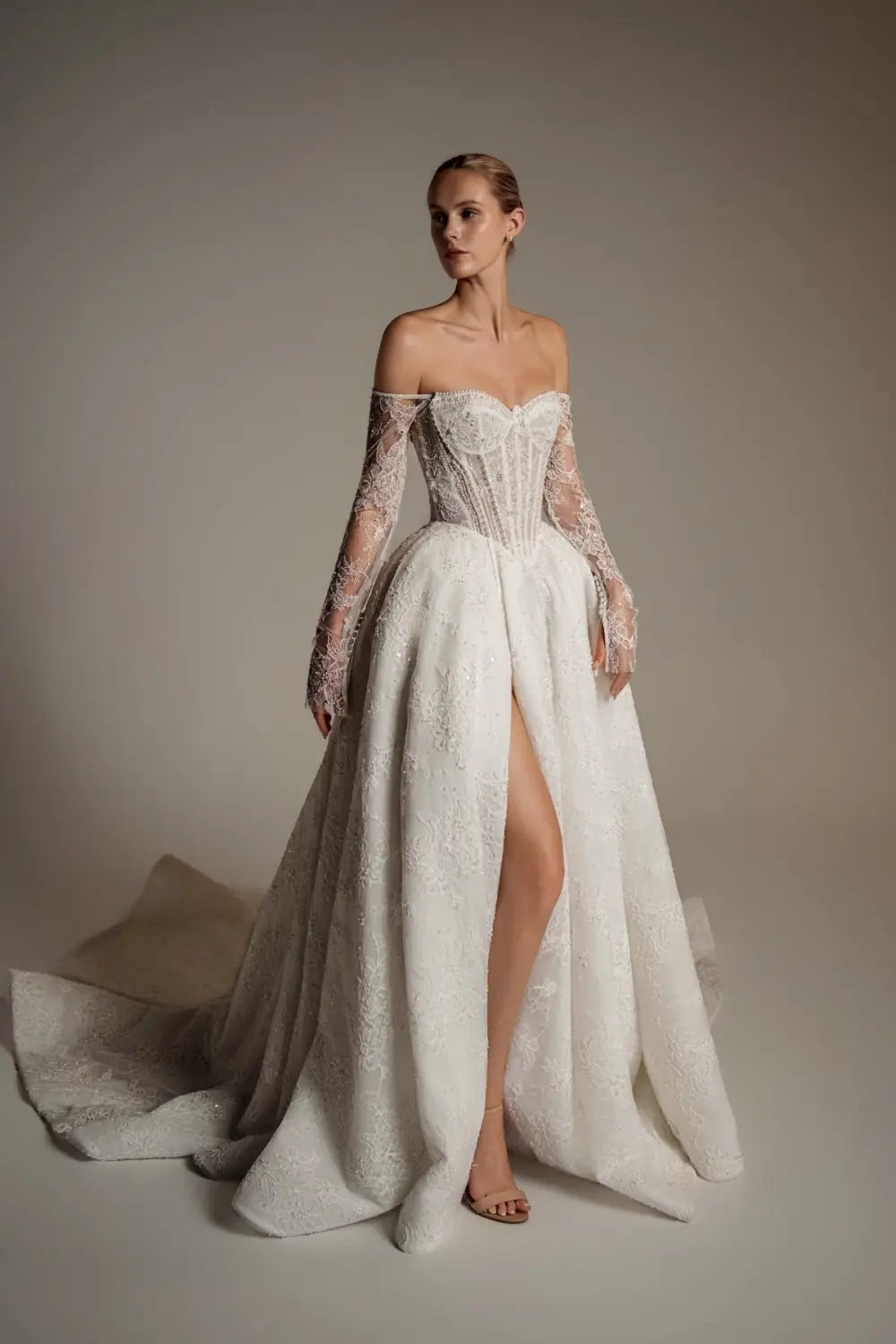 White Sequined Ball Gown Sweetheart Wedding Dress with Lace Sleeves SW165 Sheer Fairy