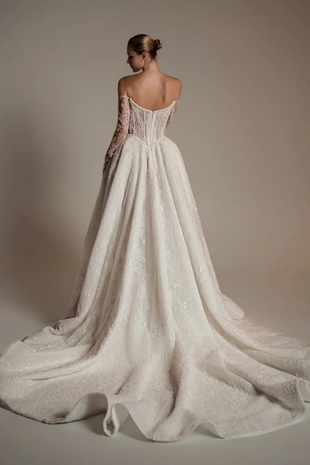White Sequined Ball Gown Sweetheart Wedding Dress with Lace Sleeves SW165 Sheer Fairy