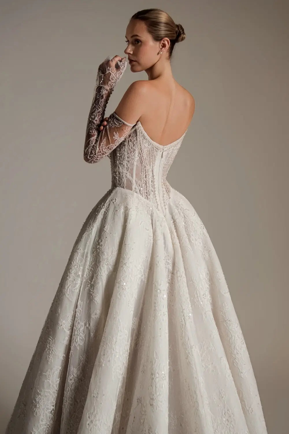 White Sequined Ball Gown Sweetheart Wedding Dress with Lace Sleeves SW165 Sheer Fairy