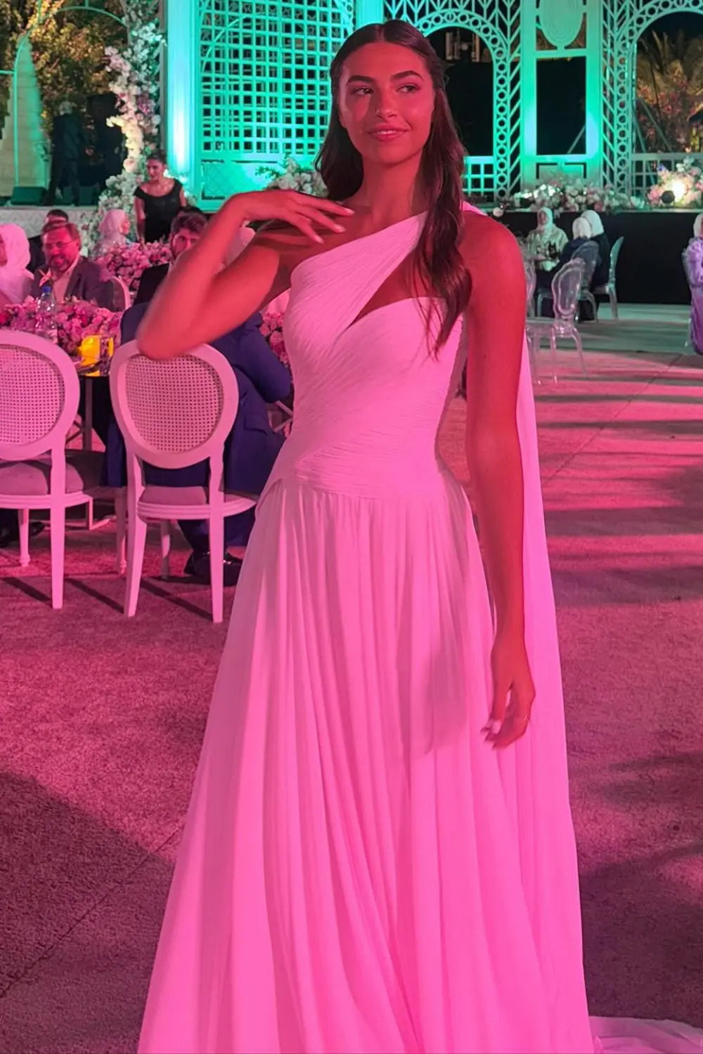 Elegant Light Pink One Shoulder Chiffon Evening Dress Gown SF052 Sheer Fairy