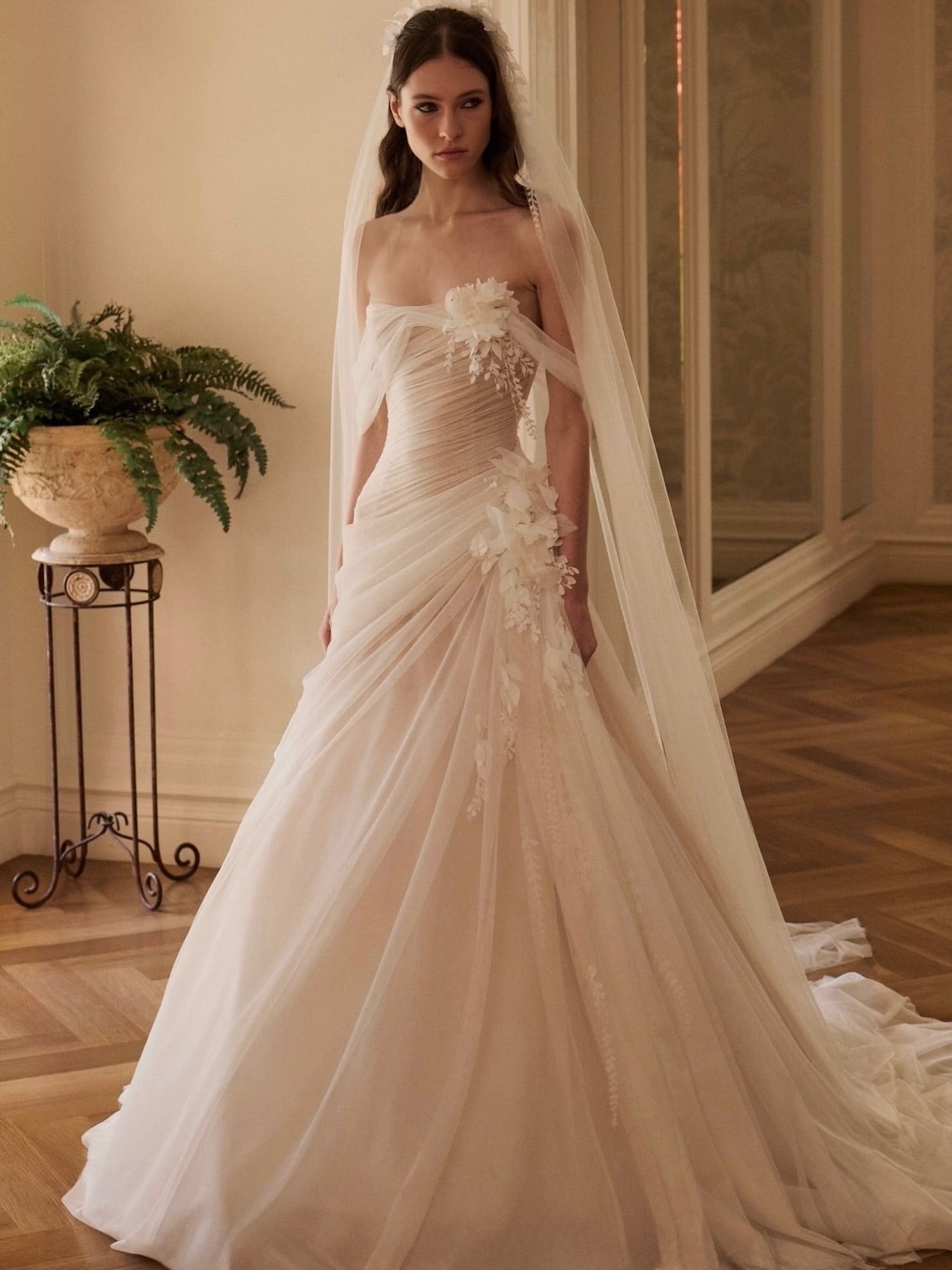Strapless Draped Tulle A-Line Wedding Dress with 3D Florals & Veil SW232 Sheer Fairy