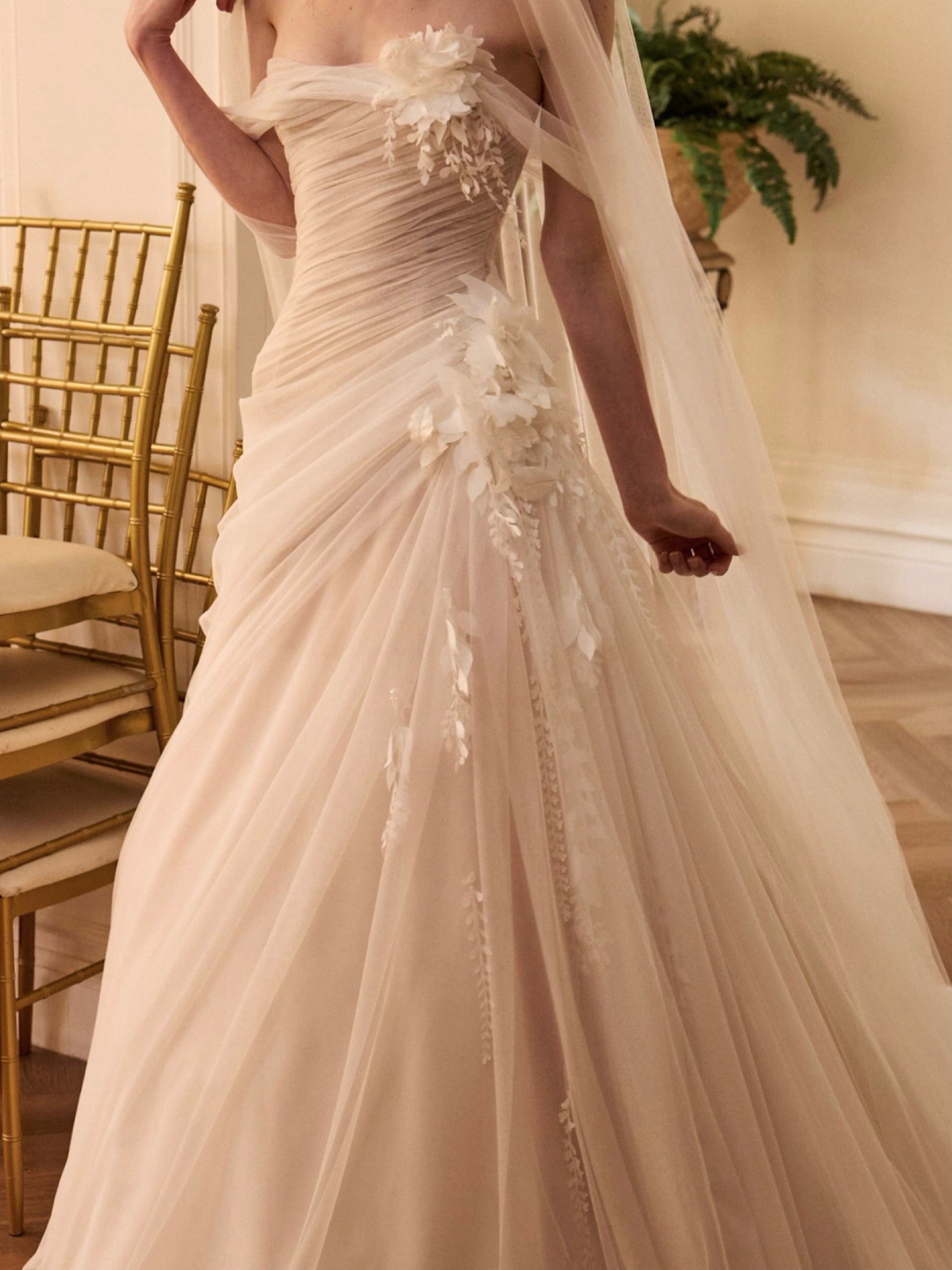 Strapless Draped Tulle A-Line Wedding Dress with 3D Florals & Veil SW232 Sheer Fairy