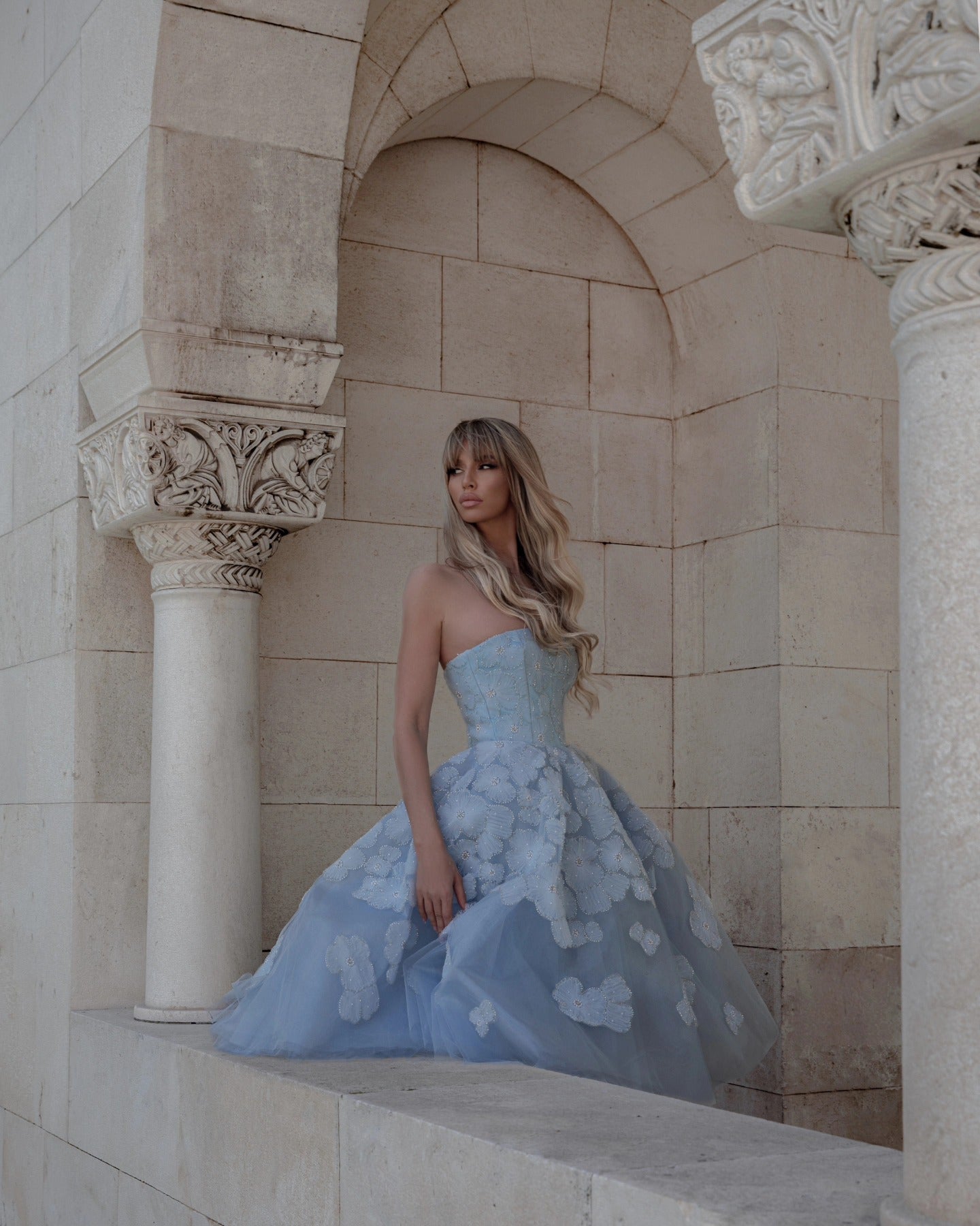 Elegant Blue Strapless Lace-Up Corset 3D Floral Midi Ballgown Homecoming Dress RM232 Sheer Fairy