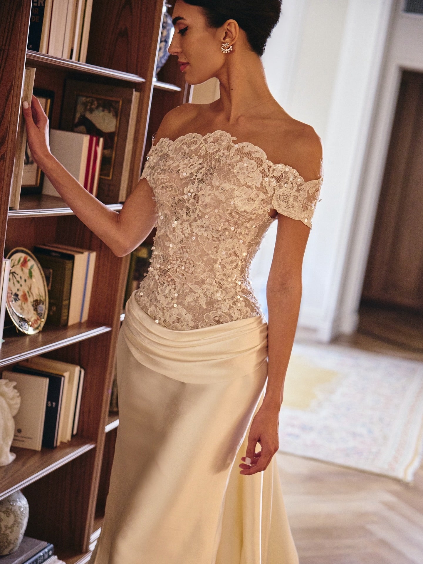 Off-the-Shoulder Lace & Satin Mermaid Wedding Dress with Train & Veil SW231 Sheer Fairy