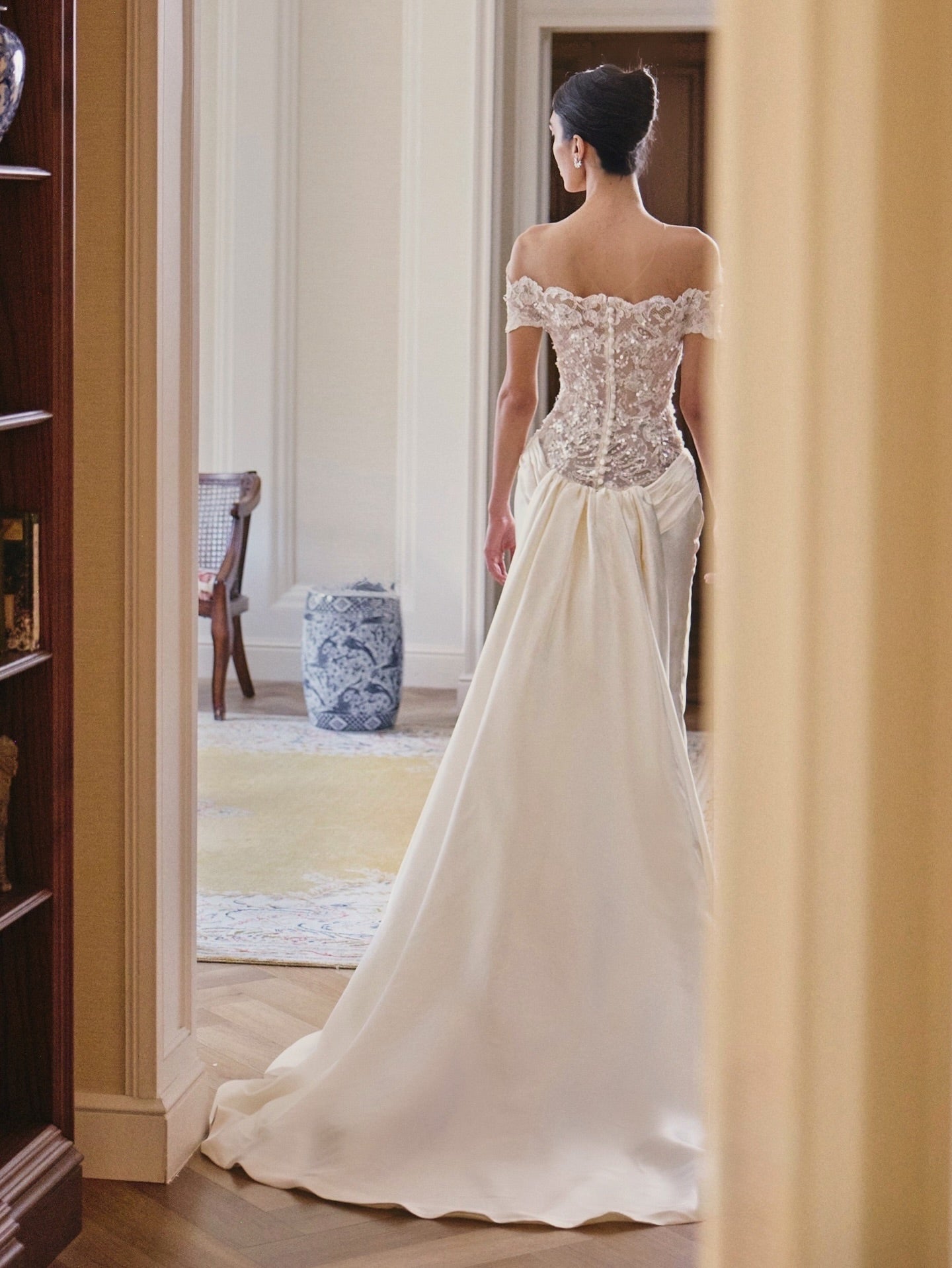 Off-the-Shoulder Lace & Satin Mermaid Wedding Dress with Train & Veil SW231 Sheer Fairy