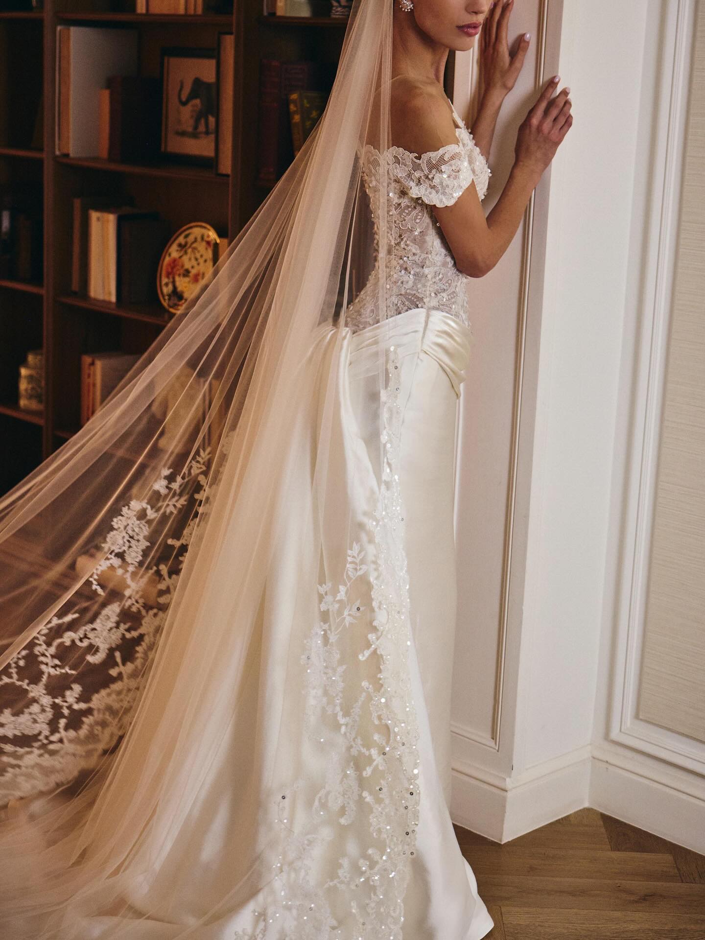 Off-the-Shoulder Lace & Satin Mermaid Wedding Dress with Train & Veil SW231 Sheer Fairy