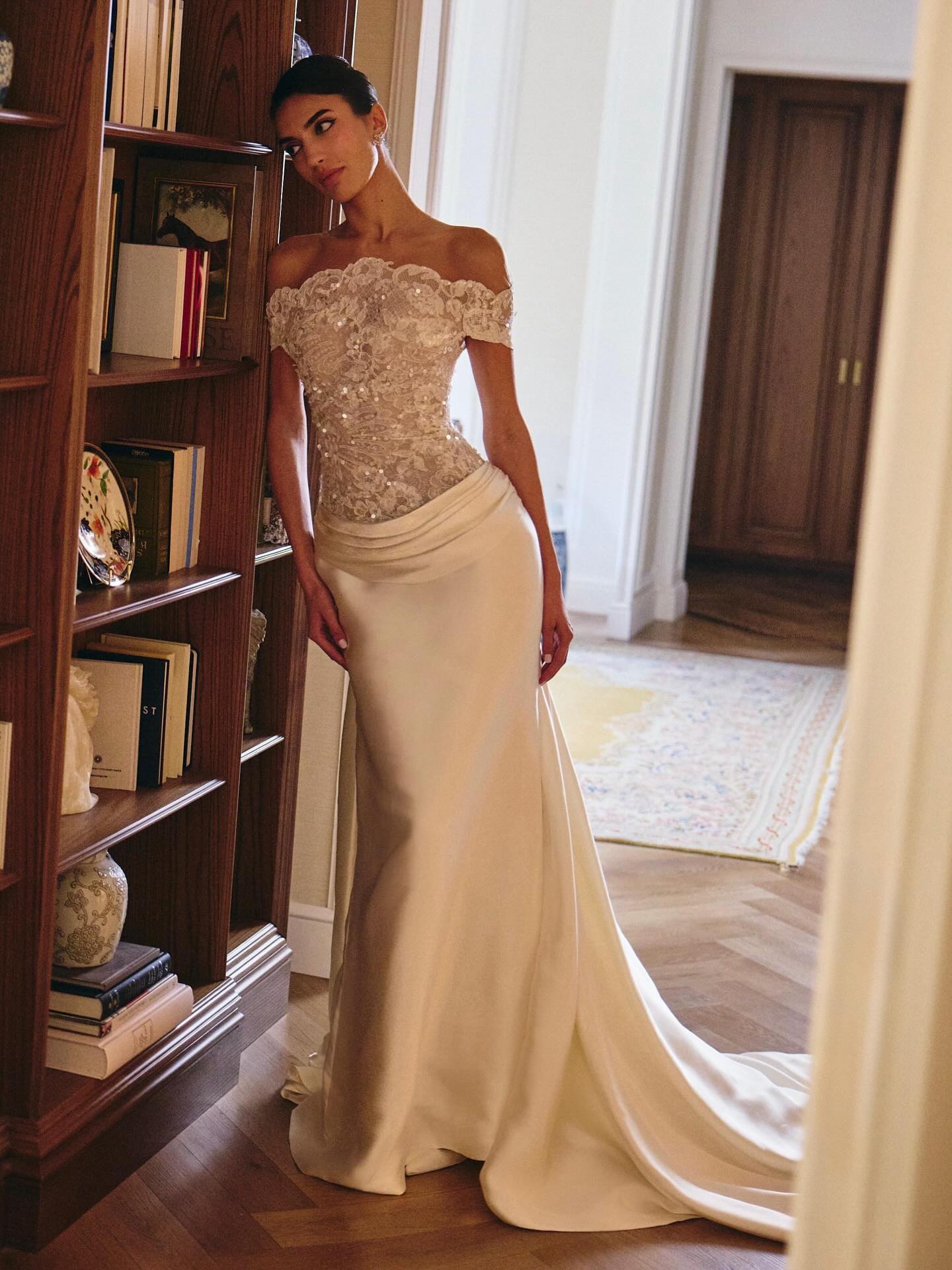 Off-the-Shoulder Lace & Satin Mermaid Wedding Dress with Train & Veil SW231 Sheer Fairy