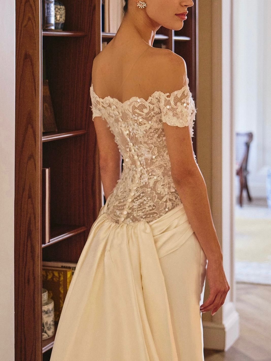 Off-the-Shoulder Lace & Satin Mermaid Wedding Dress with Train & Veil SW231 Sheer Fairy